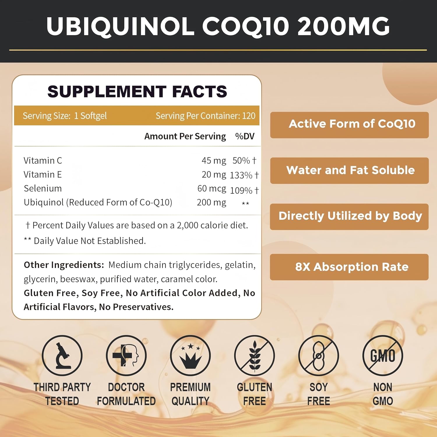 ZEBORA Ubiquinol CoQ10 200mg Softgels, 4-in-1 Powerful Antioxidant for Heart and Vascular Health, Essential for Energy Production, Max Absorption Active Form of CoQ10, 120 Softgels - Image 2