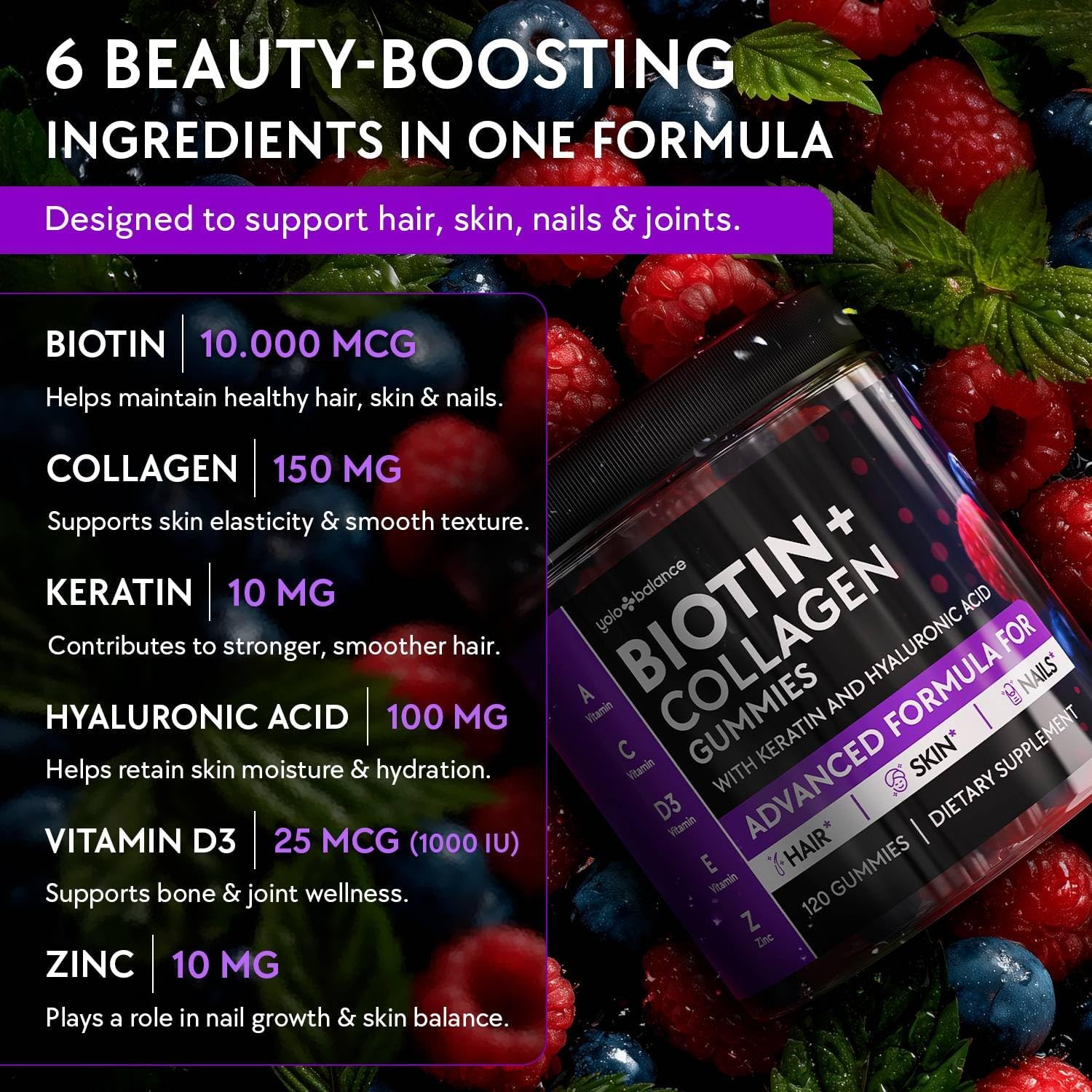 Biotin Gummies 10000mcg for Hair Growth Support - Sugar Free Multi Collagen with Keratin, Silica & Hyaluronic Acid - Pectin Based, Soft Chew Hair Skin and Nails Vitamins - 120 Count - Image 3