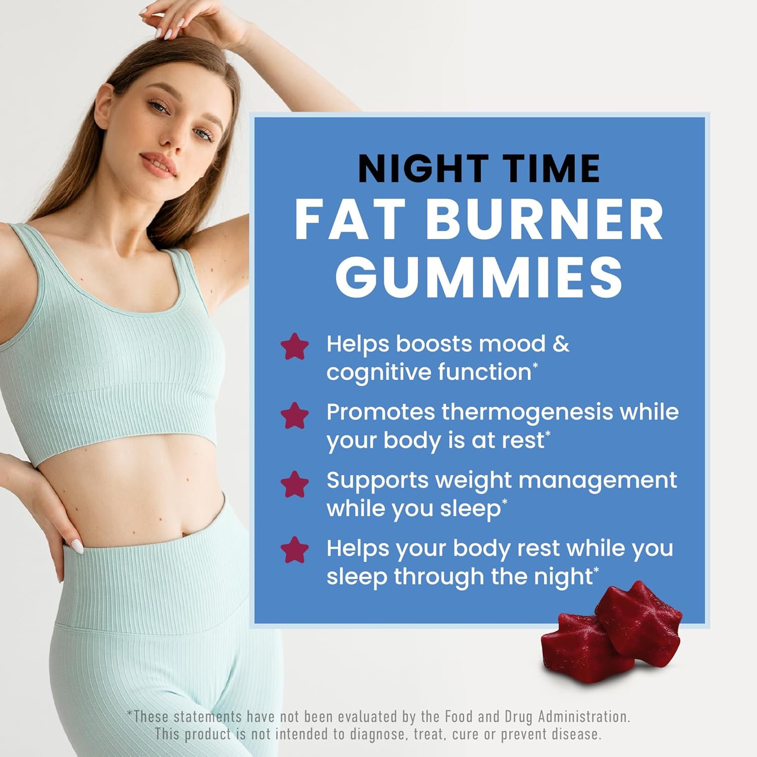 Night Time Fat Burner Gummies, Sleep Support & Weight Loss Supplement | Slimming Hunger Suppressant & Metabolism Booster, Shred Belly Fat While You Sleep | Nighttime Diet Gummies for Women & Men 60ct - Image 2