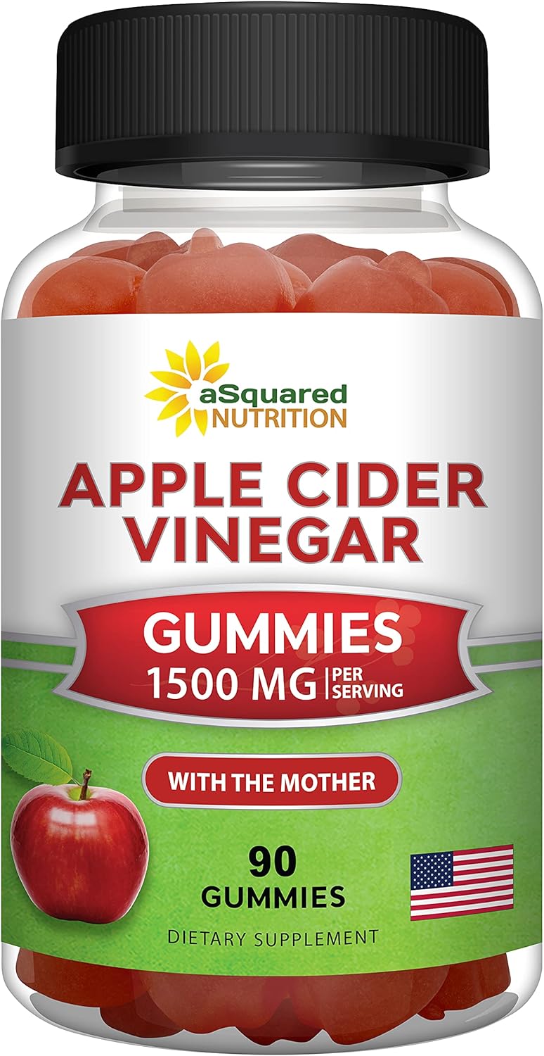 aSquared Nutrition Apple Cider Vinegar Gummies - 1500mg Per Serving - with The Mother - 90 ACV Gummies w/Vitamin B6 & B12, Folic Acid - Vegan Gummy Supplement Alternative to Capsules Pills & Drink