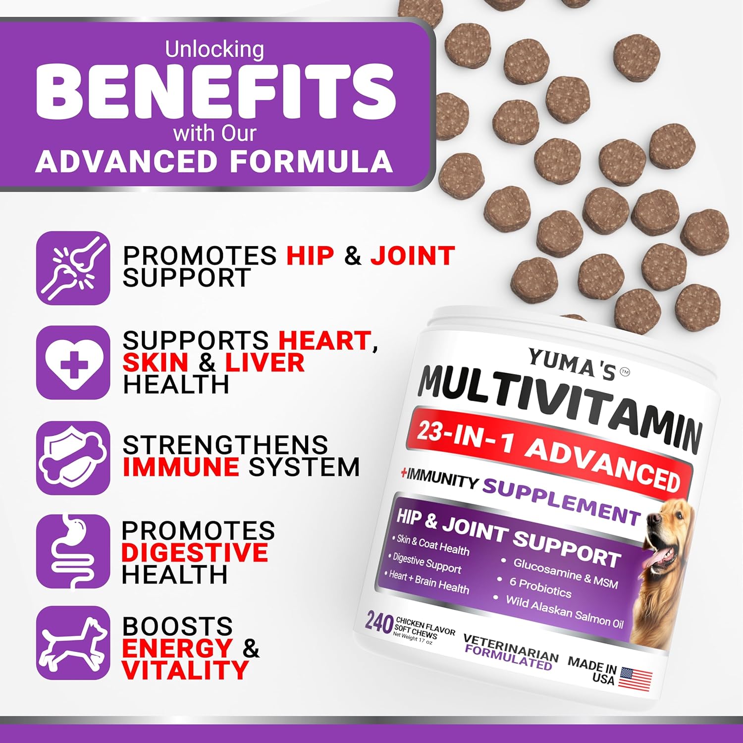 Dog Multivitamin Chewable with Glucosamine - 240 Treats - Dog Vitamins and Supplements - Senior & Puppy Multivitamin for Dogs - Hip & Joint Support - Immune Health, Skin, Heart, Digestion, Probiotics - Image 3