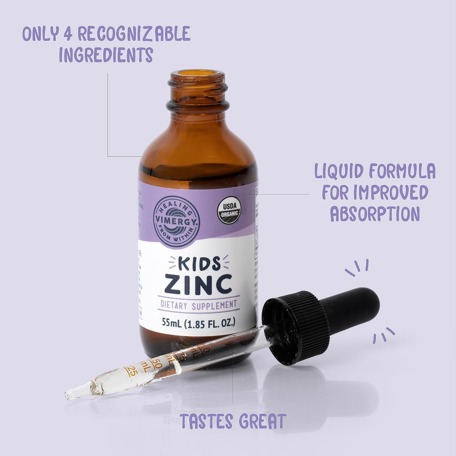 VIMERGY Kids USDA Organic Liquid Zinc Sulfate – for Children & Adolescence 1-18 Years Old, Fast-Absorbing Immune Support* – Promotes Healthy Bones, Hair & Skin. Kosher, Vegan, Non-GMO – 55 mL - Image 3