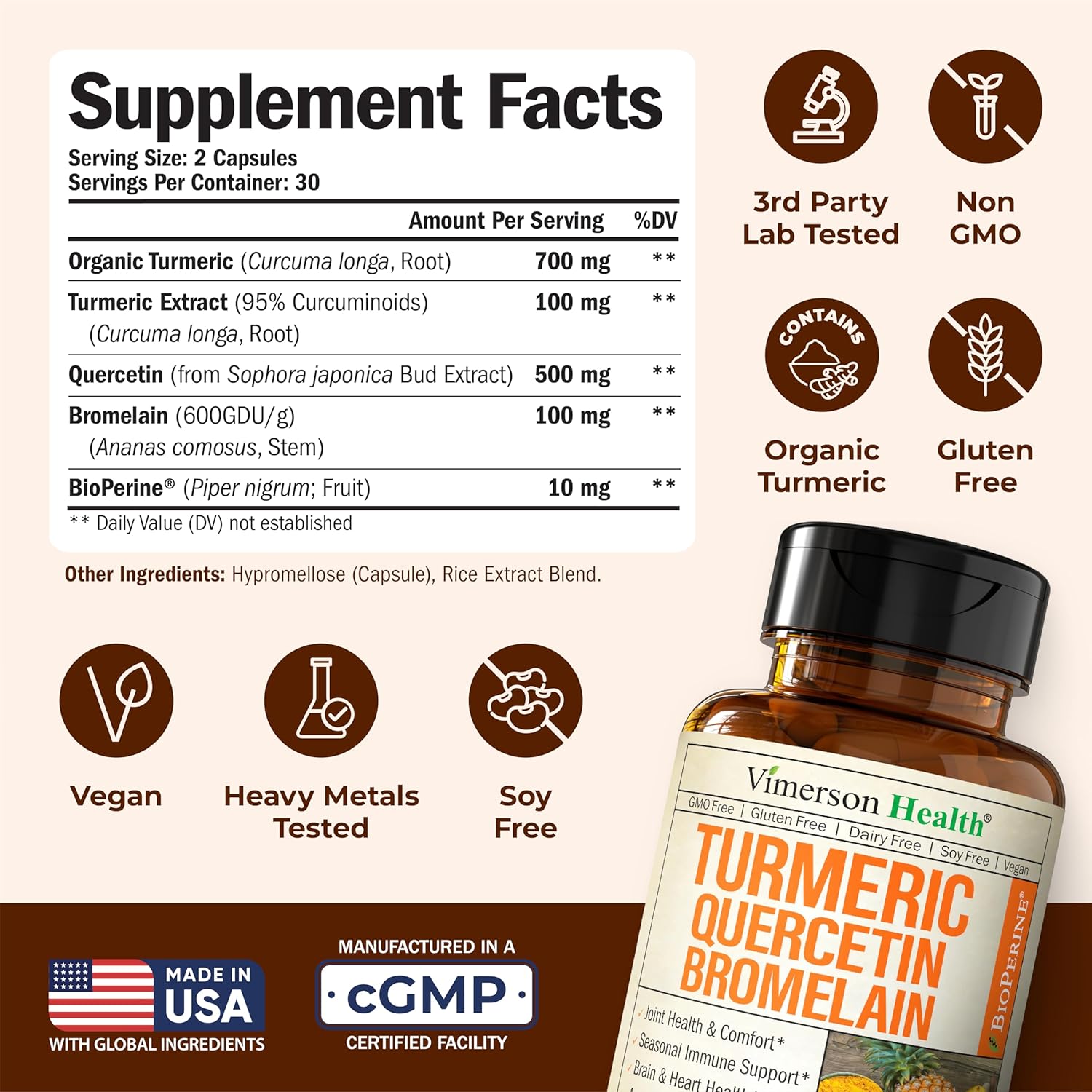 Quercetin with Bromelain Turmeric Curcumin Supplement – Triple Action: Allergy Relief, Inflammation and Joint Support with Organic Tumeric + Bioperine for Max Absorption – 60 Quercetin 500mg Capsules - Image 3