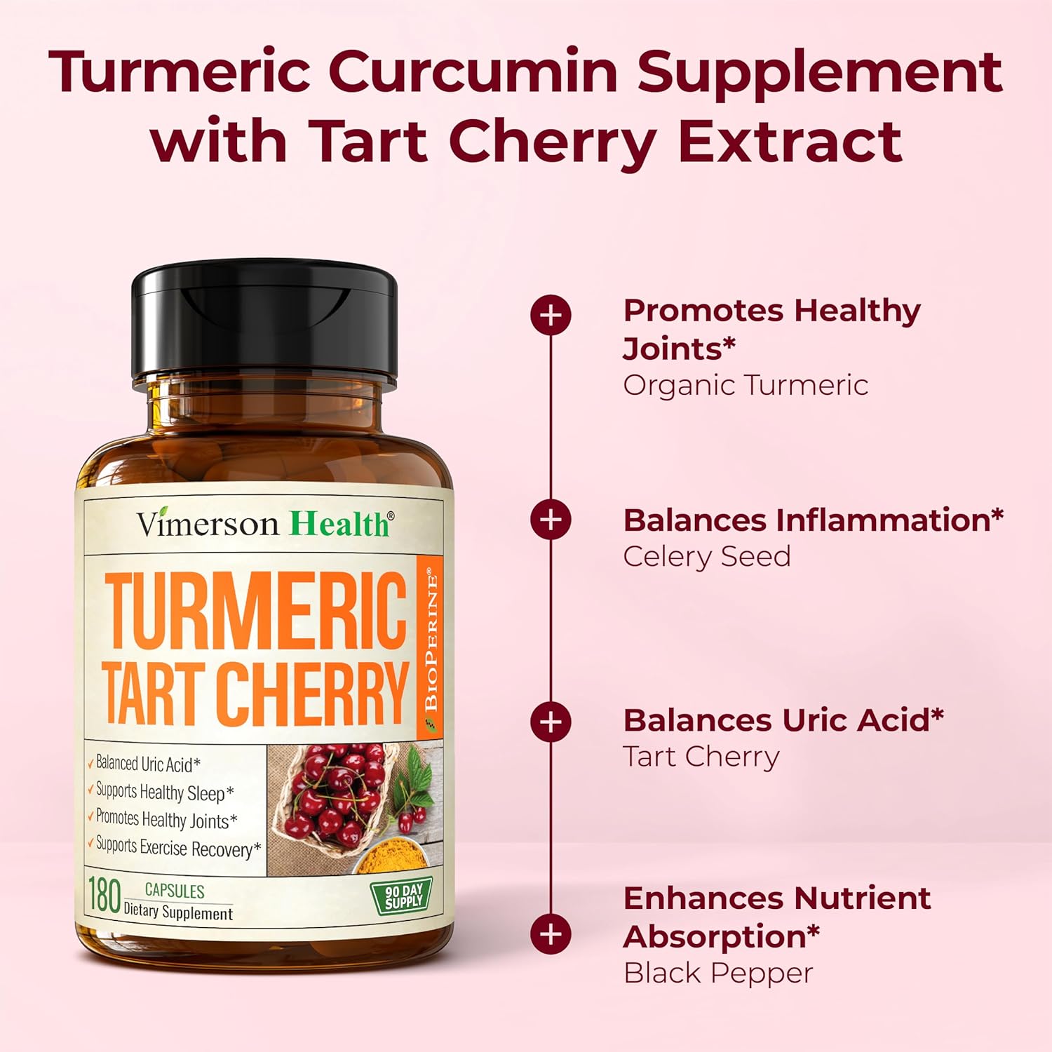 Tart Cherry Capsules – 4-in-1 Turmeric Tart Cherry Supplement for Uric Acid Balance & Joint Health – 10:1 Tart Cherry Extract Capsules with Celery Seed, Turmeric Curcumin & Black Pepper –180 Count - Image 5