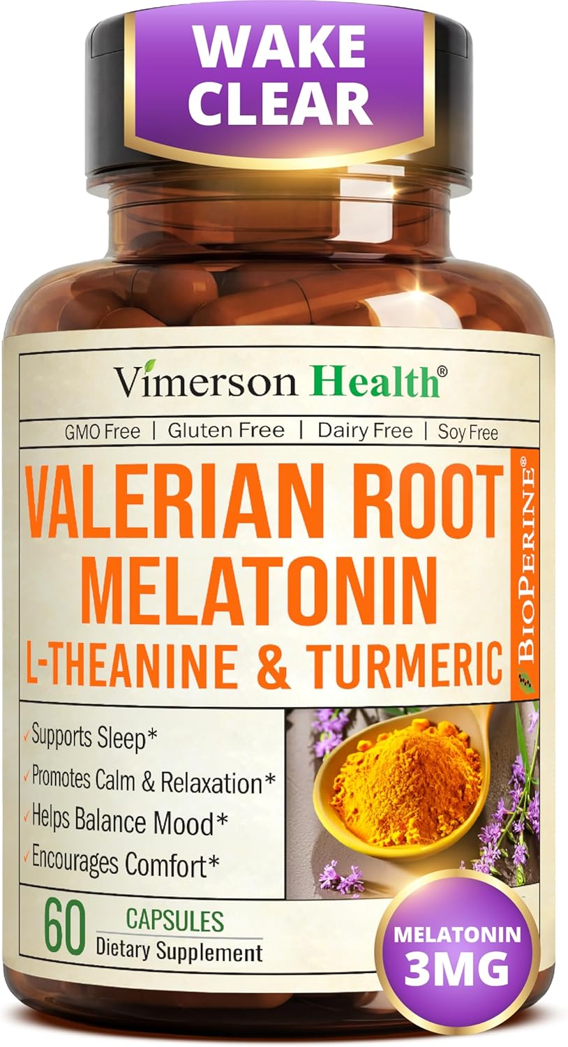 Melatonin 3mg + Valerian Root for Sleep, Daily Calm & Stress Relief Support – Natural Sleep Aid: Organic Turmeric Melatonin Valerian Supplement with L-Theanine, Ginger & Black Pepper – 60 Capsules
