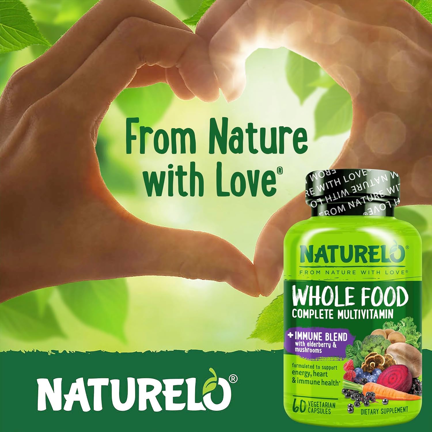 NATURELO Whole Food Multivitamin + Immune Blend with Elderberry & Mushrooms - Complete Multivitamin with Extra Immune Support - C, D3, Zinc, Elderberry, Reishi, Shitake - 60 Vegan Capsules - Image 6