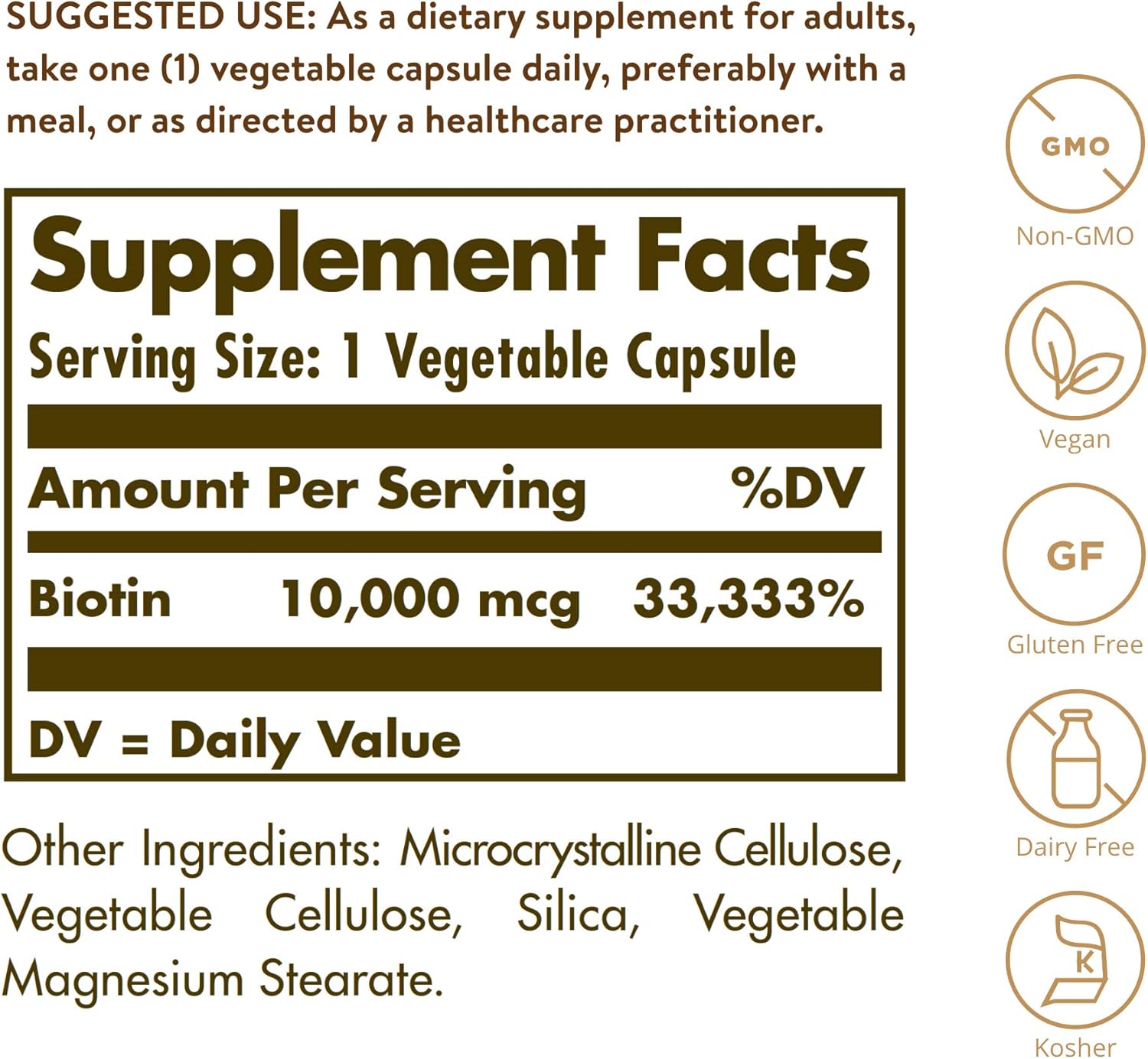 Solgar Biotin 10000 mcg Vegetable Capsules Energy Metabolism Promotes Healthy Skin Nails Hair Super High Potency NonGMO Vegan Gluten Free Dairy Free Kosher Servings, Standard Packaging, Unflavored, 120 Count - Image 2