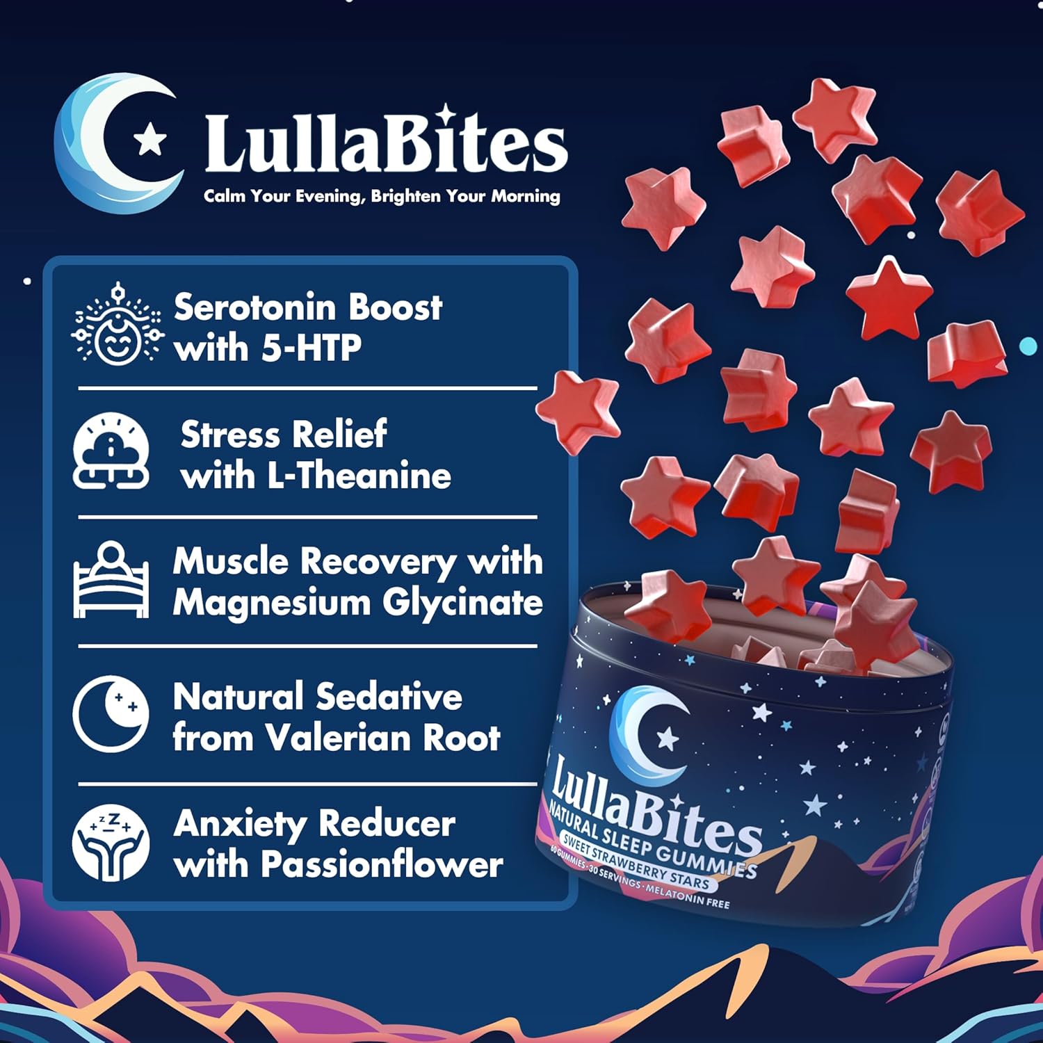 LullaBites - Natural Sleep Gummies - Made in USA - With 5-HTP, L-Theanine, Magnesium & Valerian Root - Melatonin Free - Vegan - Halal - Sugar, Gluten Free - Sweet Strawberry - 60 Gummies - 30 Servings - Image 3