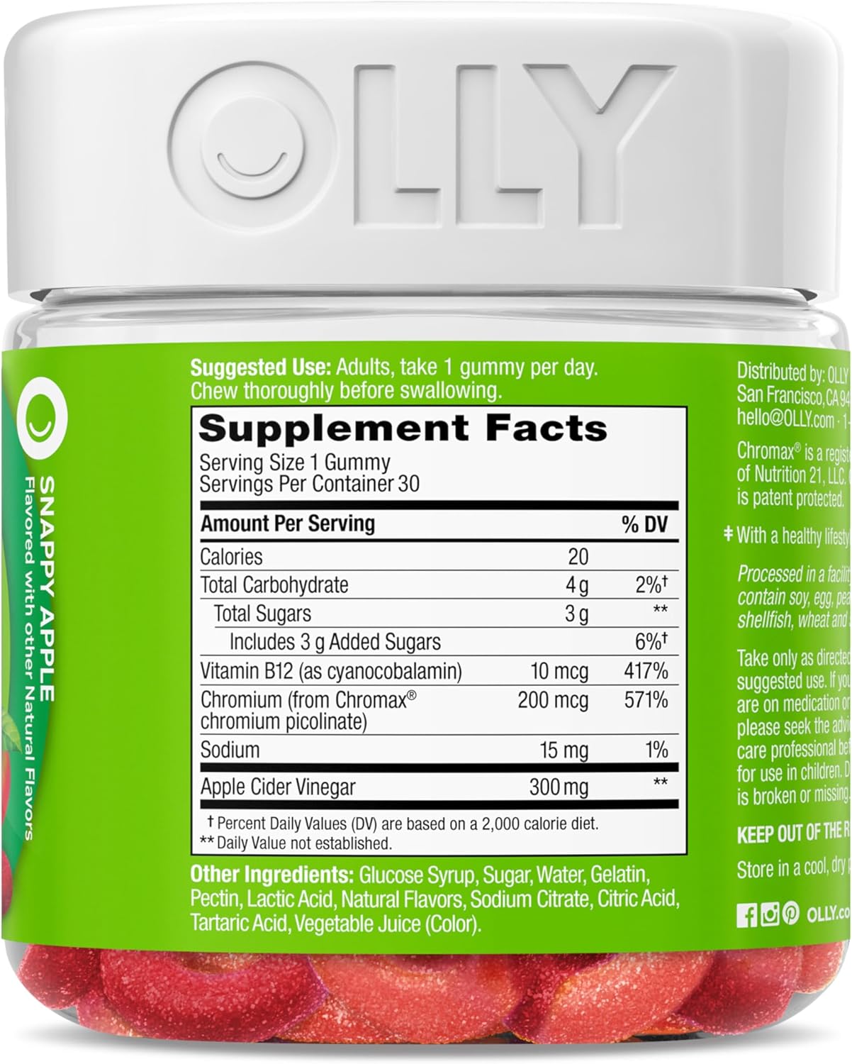 OLLY Metabolism Gummy Rings, Apple Cider Vinegar, Vitamin B12, Chromium, Energy and Digestive Health, Chewable Supplement, Apple Flavor - 30 Count - Image 8