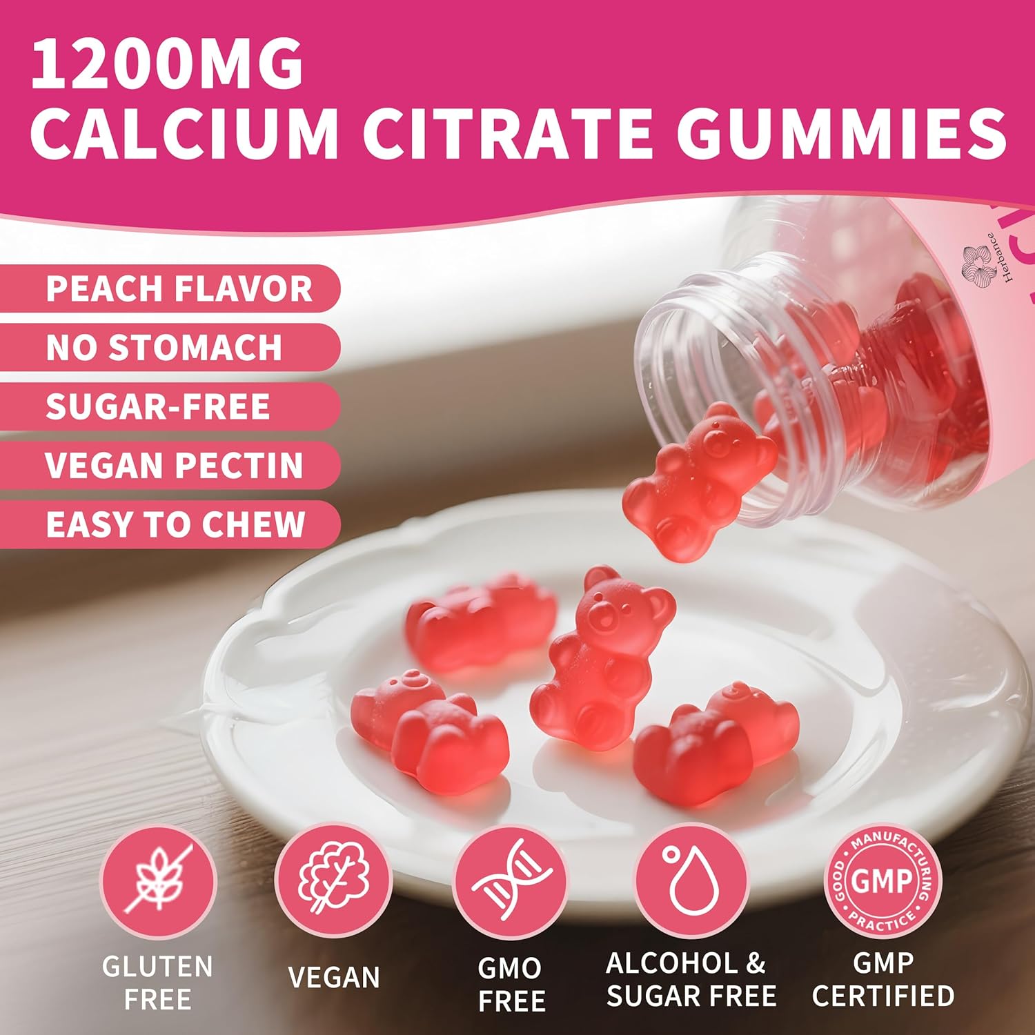 Pure Calcium Citrate 1200 mg Gummies for Adults, High Absorption Calcium Supplements for Women & Men, Sugar Free, Non-GMO, Gluten Free, Supports Bone,Teeth,Muscle & Immune - Peach Flavor - Image 7
