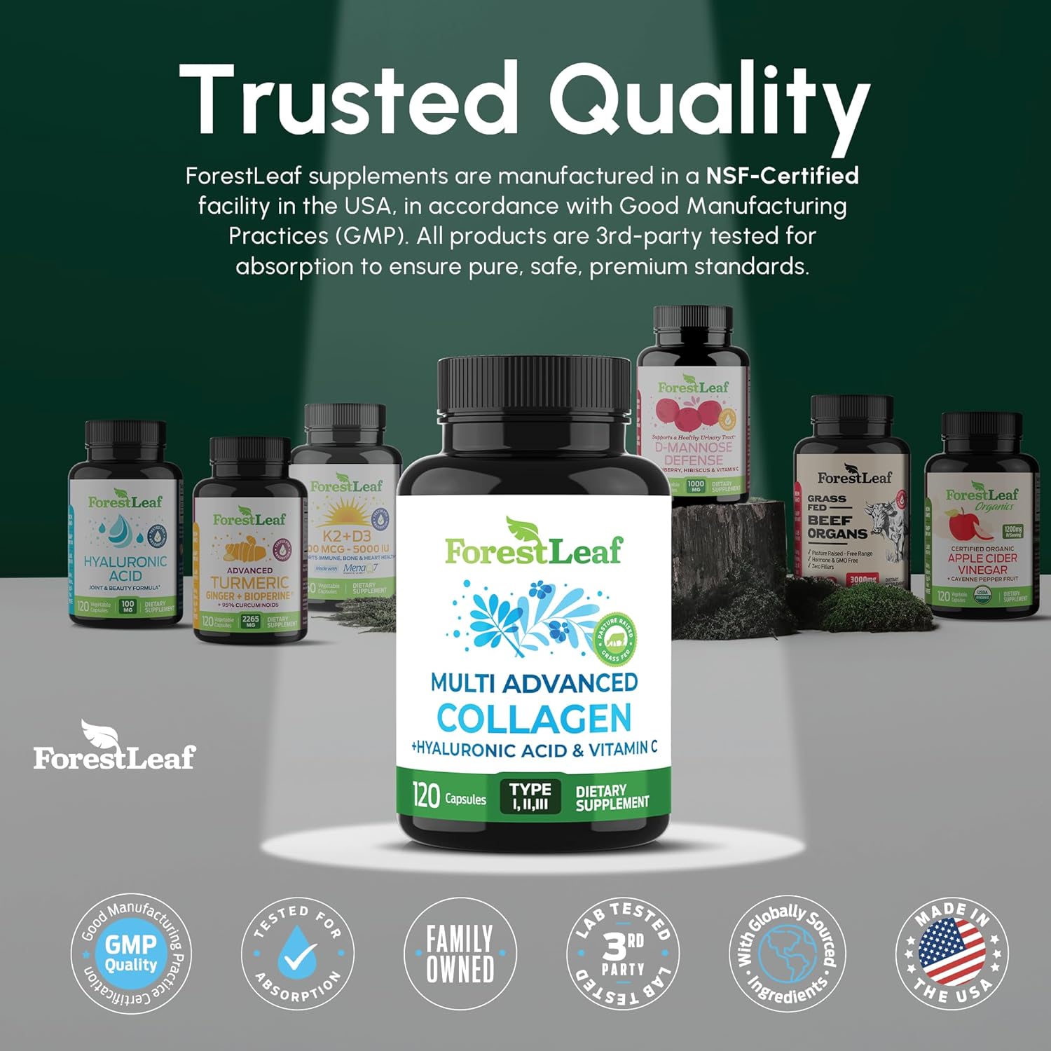 ForestLeaf Multi Collagen Pills with Hyaluronic Acid + Vitamin C | Hydrolyzed Collagen Supplements for Women or Men | Multi Collagen Capsules Peptides for Skin, Wrinkles, 120 Caps - Image 8
