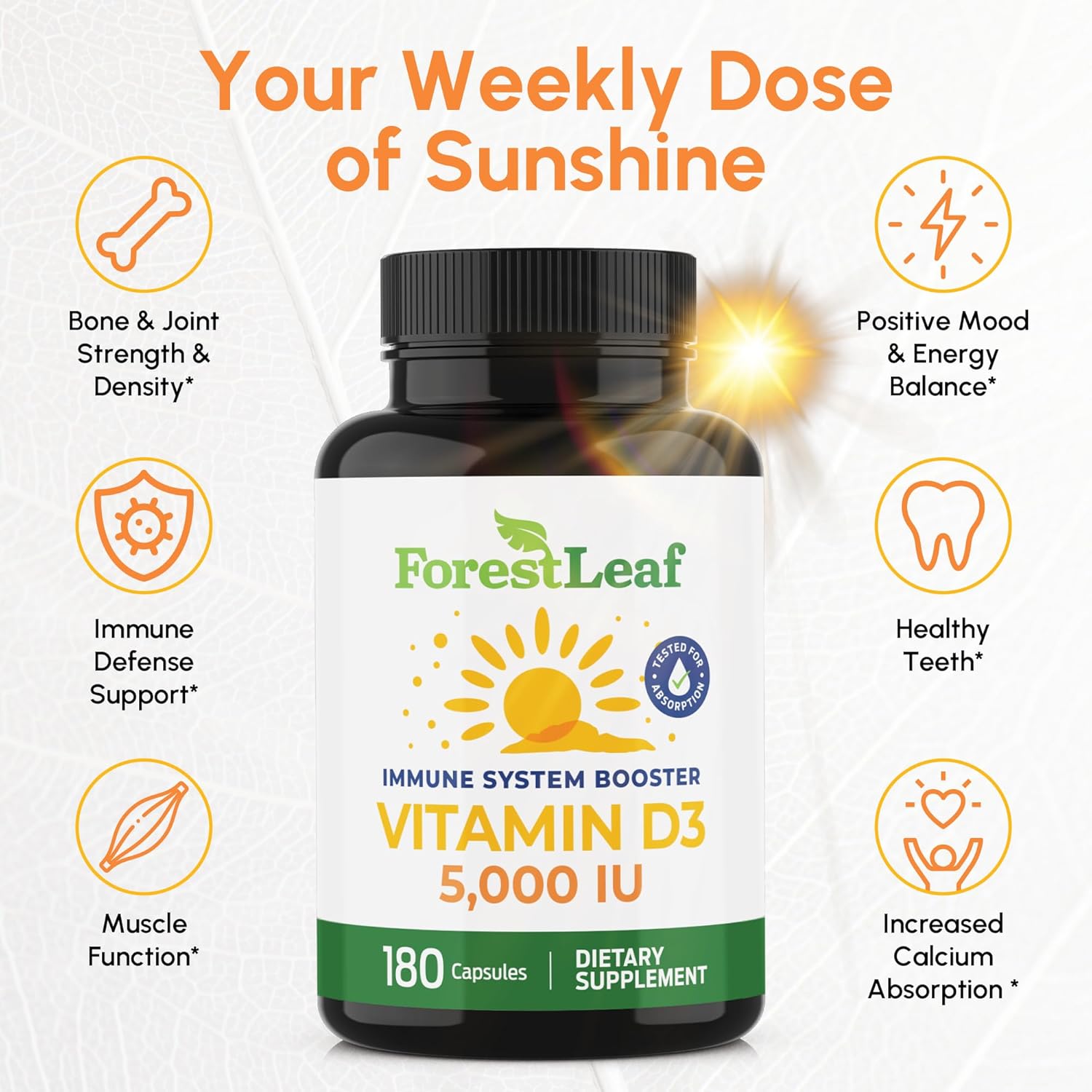 ForestLeaf Vitamin D3 5000 IU | VIT D - VIT D3 Vitamin D Supplements for Women and Men | Bone Health, Teeth and Immune Support | Easy to Swallow Pills | One Capsule Daily, 6-Month Supply, 180 Count - Image 2