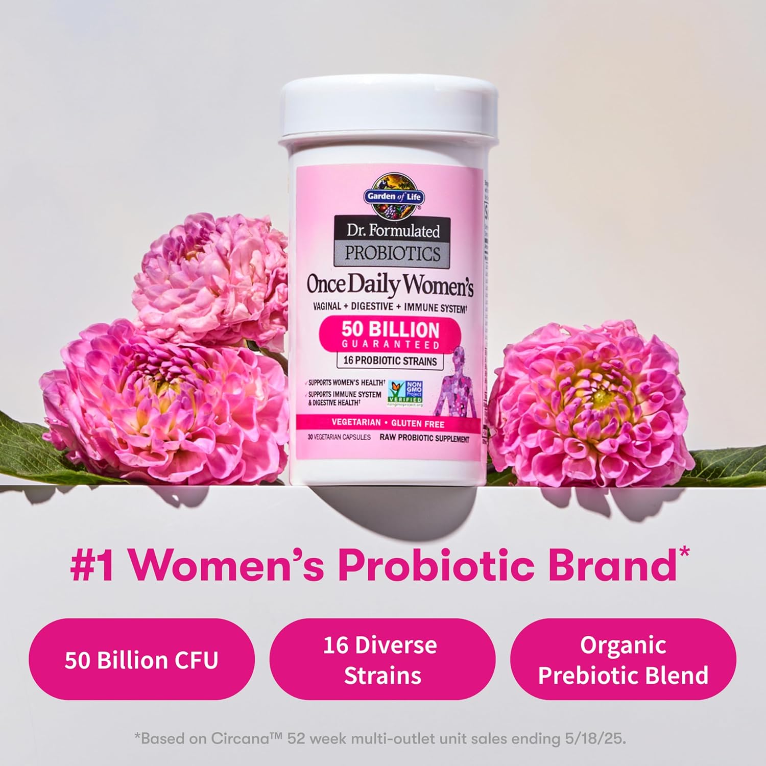 Garden of Life Once Daily Dr. Formulated Probiotics for Women 50 Billion CFU 16 Probiotic Strains with Organic Prebiotics for Digestive, Vaginal & Immune Health, Dairy Free, Shelf Stable 30 Capsules - Image 4