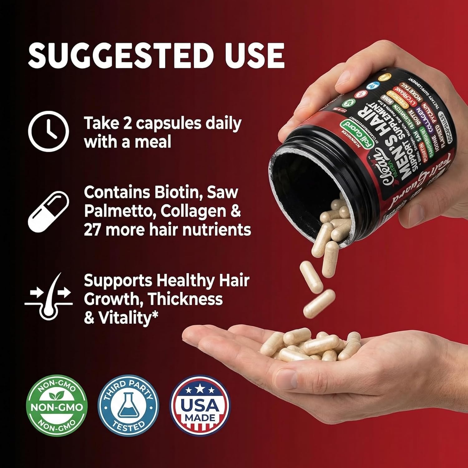Hair Growth Supplement For Men | Biotin Hair Vitamins Collagen Pumpkin Seed Saw Palmetto Iron Ginseng Bamboo Silica Rosemary Peppermint Keratin Selenium Iodine Flaxseed Horsetail Vitamin A C D3 E B12 - Image 6