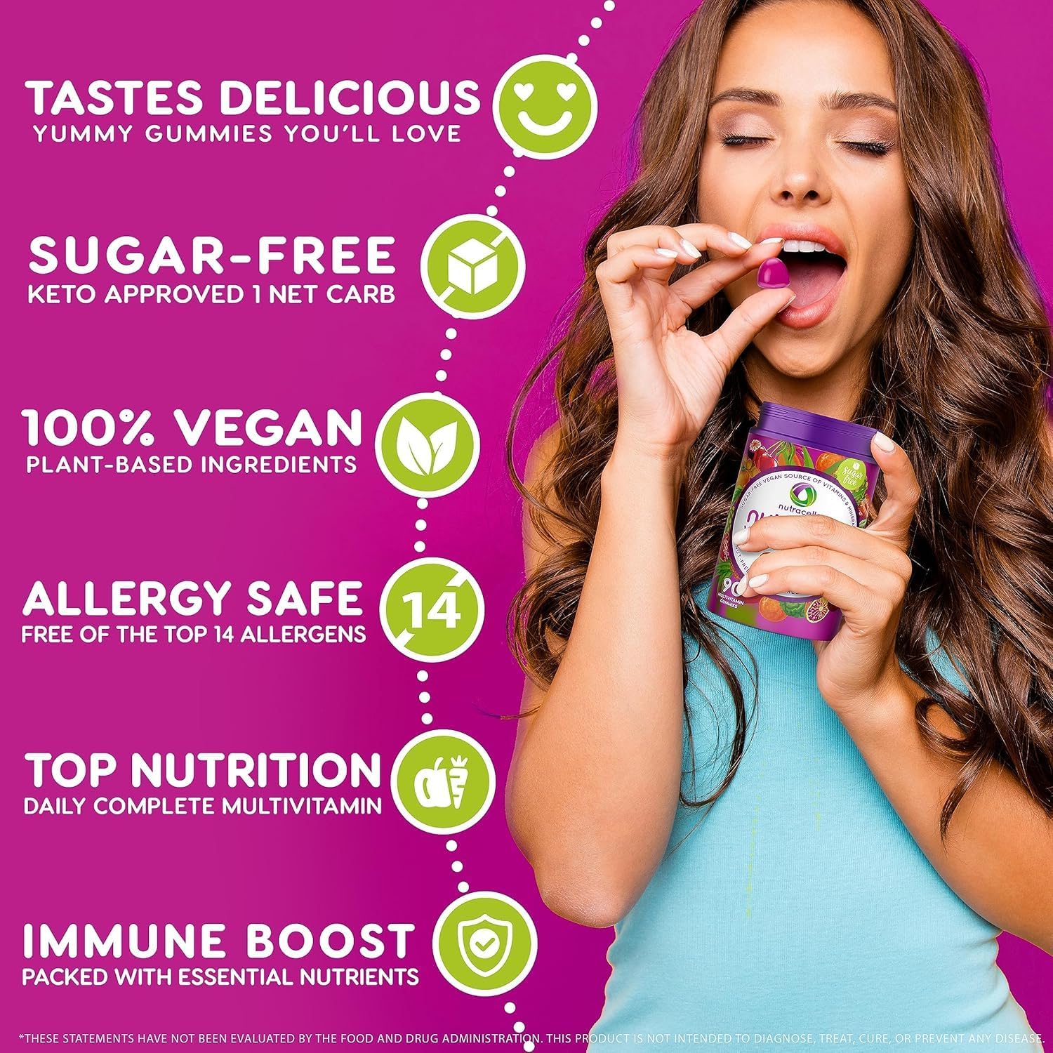NUTRAMIN Daily Vegan Keto Multivitamin Gummies Non-GMO Natural Vitamin C D + Zinc for Immunity, Plant-Based, Sugar-Free, Nut-Free, Gluten-Free, Biotin, Vitamin A, B, B6, B12 60 Ct, 30 Days (60 Count) - Image 8