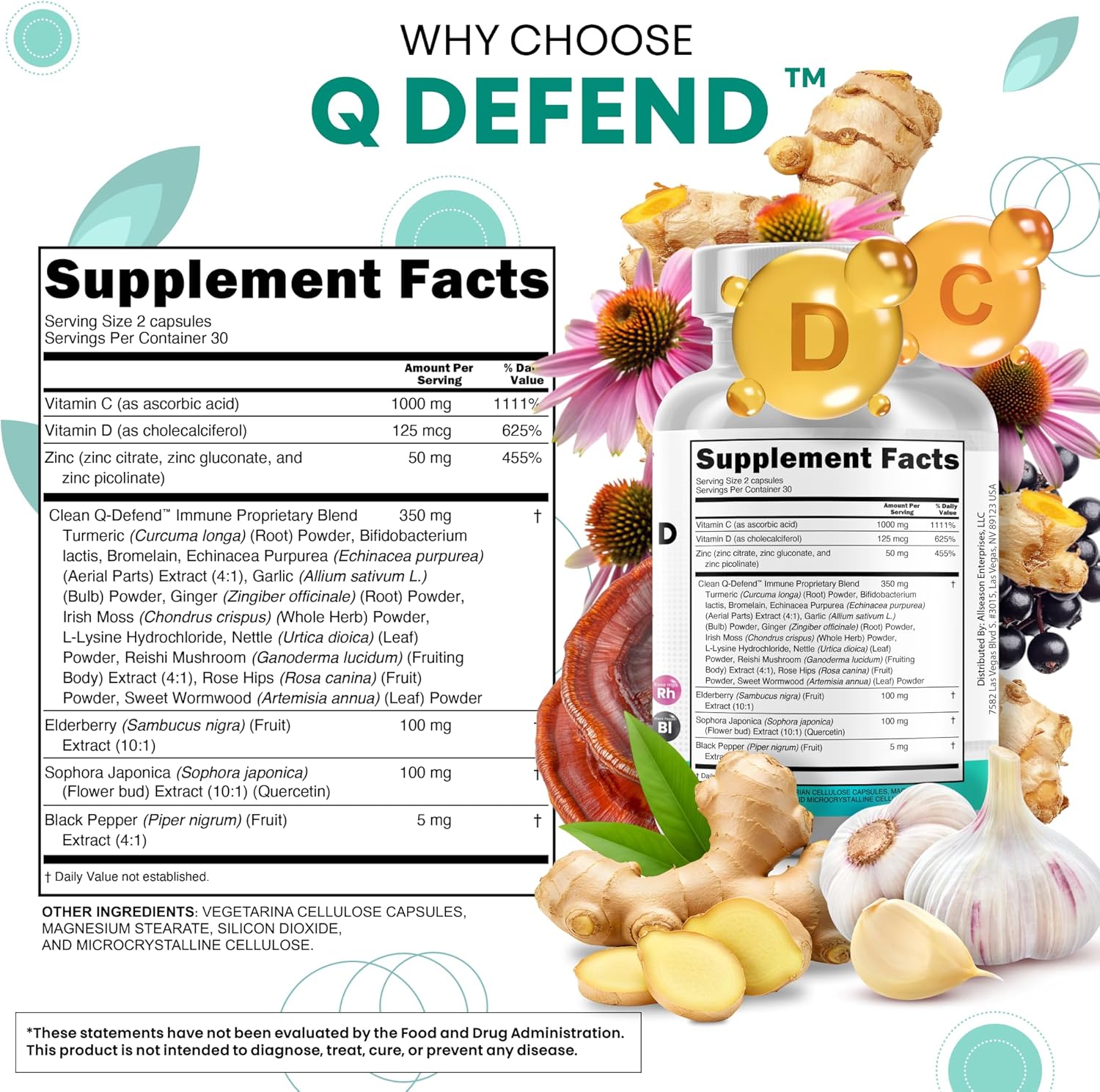 Q Defend Quercetin Supplement with Zinc Vitamin C Vitamin D Elderberry Turmeric Black Pepper Garlic Ginger Sea Moss Lysine Stinging Nettle Reishi Mushroom Immune Support 60 Capsules by Clean Nutra - Image 5