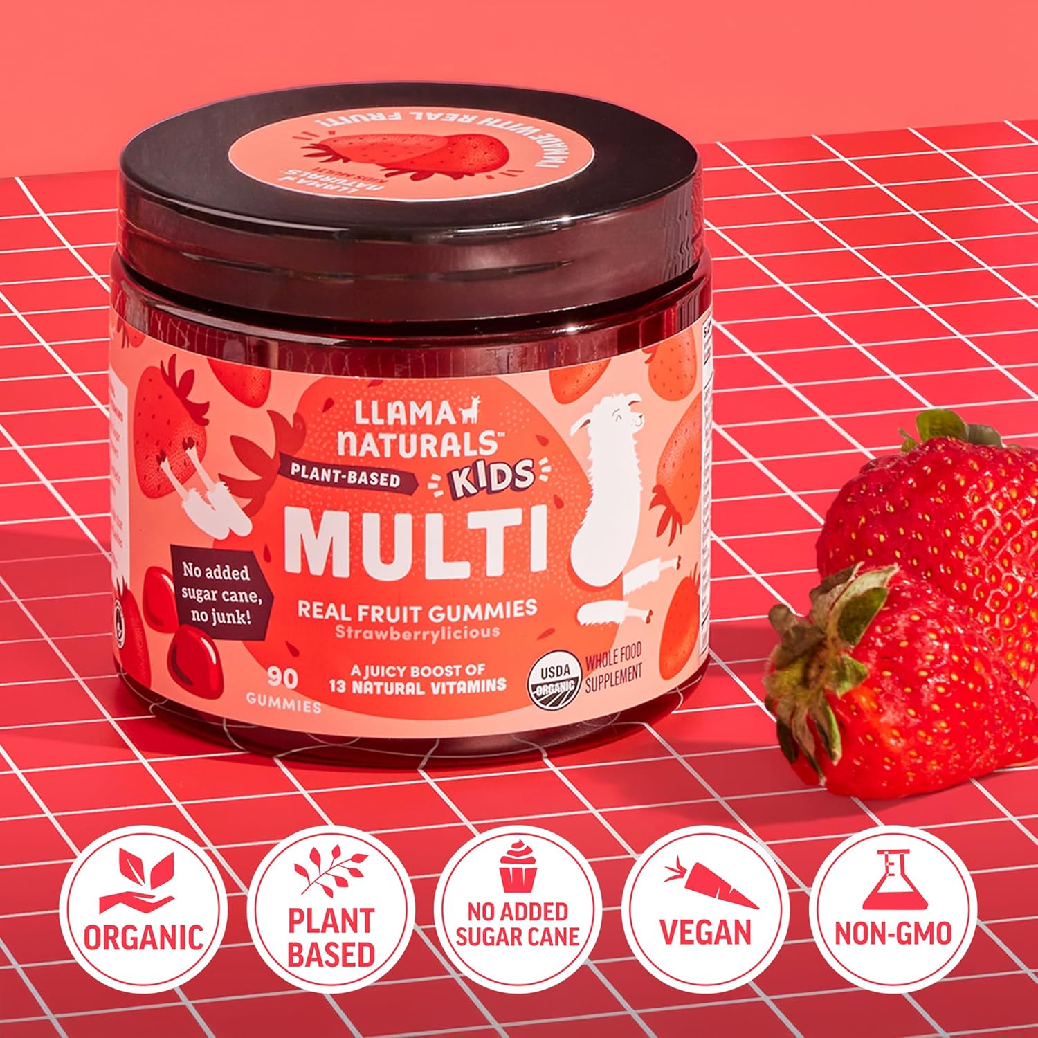 Llama Naturals Kids Multivitamin Gummies | Real Fruit, No Added Sugar Cane | Organic Vegan Toddler Whole Food Vitamins | Vitamin D, C & Beta Carotene Gummy Supplement | Strawberry 90 Ct (1-2 Months) - Image 4