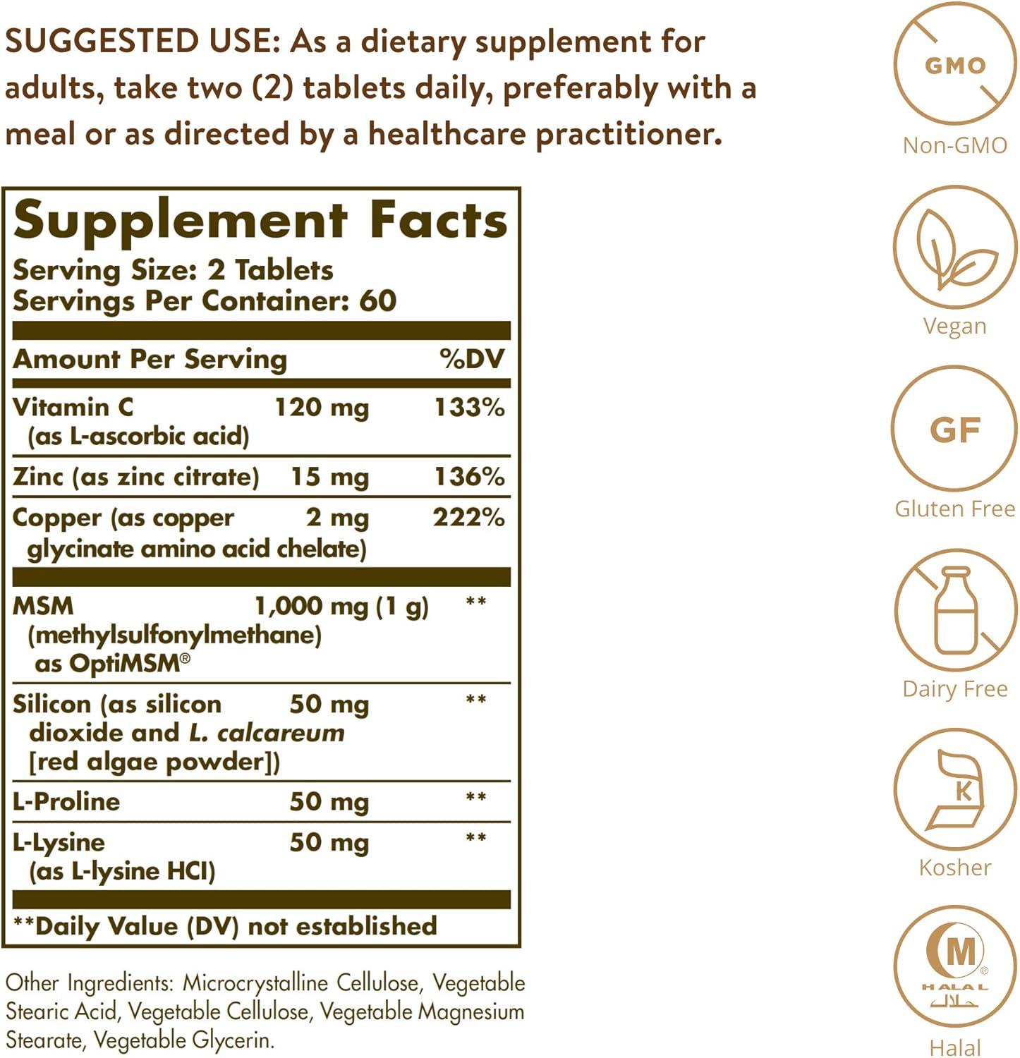 Solgar Skin, Nails & Hair, Advanced MSM Formula, 120 Tablets - Supports Collagen for Hair, Nail and Skin Health - Provides Zinc, Vitamin C & Copper - Non GMO, Vegan, Gluten & Dairy Free - 60 Servings - Image 2