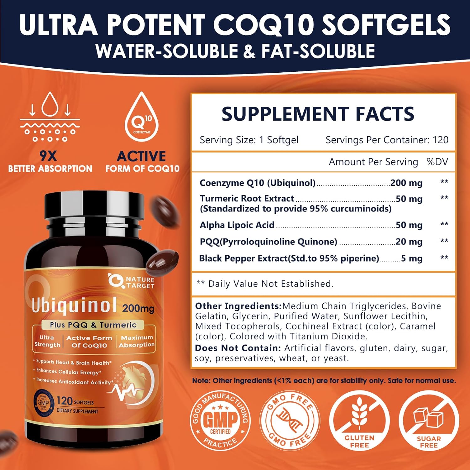 NATURE TARGET Ubiquinol CoQ10 200mg softgels with PQQ & Turmeric, High Absorption Coenzyme Q10 Supplement with ALA & Black Pepper, Antioxidant for Heart & Brain Health, Energy Production, 120 Count - Image 2