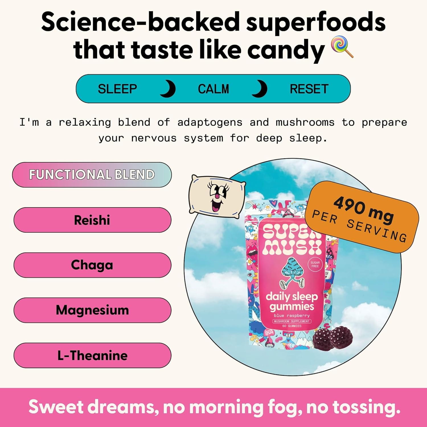 SuperMush Daily Sleep Gummies for Adults - Functional Mushroom Gummies with Magnesium, L-Theanine, Chaga, Reishi, Chamomile - Melatonin Free Sleep Aid for Deep Sleep - Vegan & Sugar-Free (60 Count) - Image 2