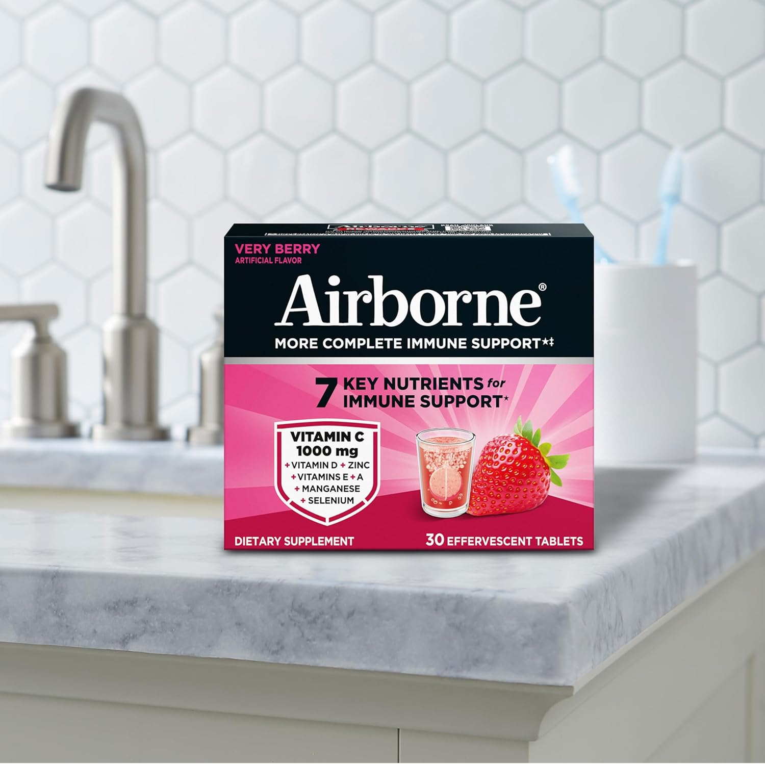 Airborne Immune Support Effervescent Tablets, Very Berry Flavor - 30ct with 1000mg Vitamin C + Vitamins A, D, E, Zinc, Selenium, Manganese & Herbal Blend - Sugar‑Free, Gluten‑Free - Image 16