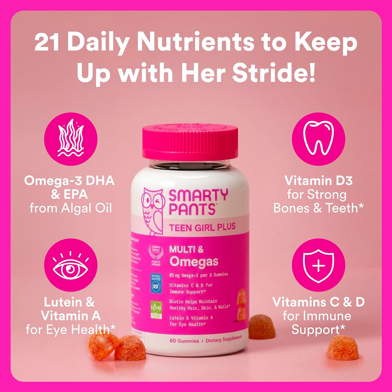SmartyPants Teen Girl Multivitamin Gummies, Omega 3 (DHA/EPA), Vitamin C, D3, B12, Vitamin A, K & Zinc, Biotin to Support Hair, Skin & Nails, Gluten Free, 60 Count (30 Day Supply) - Image 2