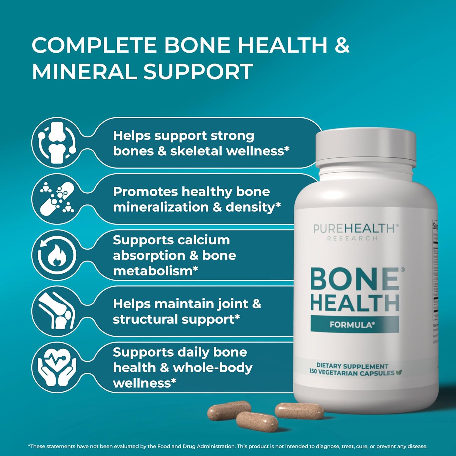 PUREHEALTH RESEARCH Bone Health Formula - for Bones, Joint & Skeletal Wellness - with Calcium, Magnesium, Zinc, Copper, Manganese, Potassium, Vitamin K2, D3, C & More for Women & Men - 150 Capsules - Image 3