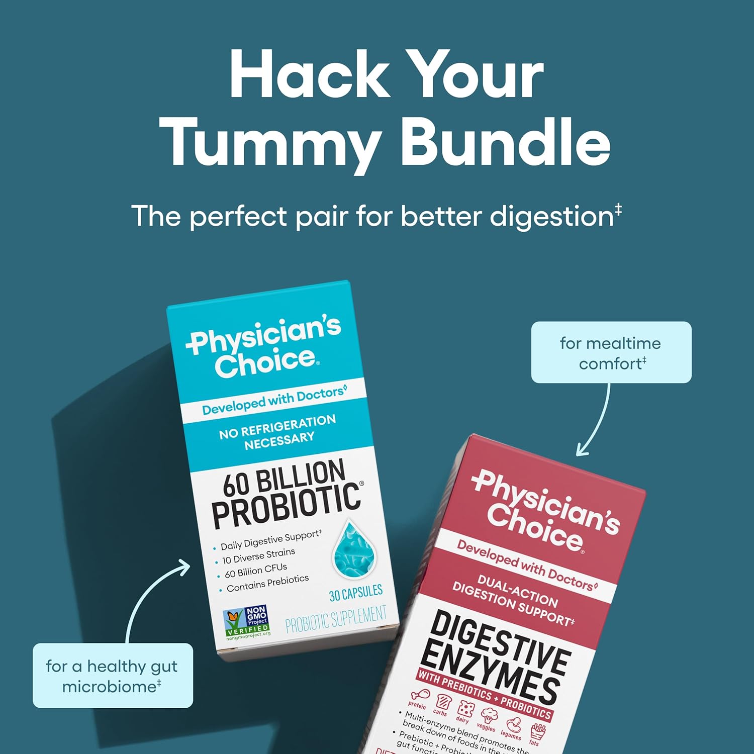 Physician's CHOICE Advanced Gut Health Bundle: 60 Billion Probiotics 30ct + Digestive Enzymes 60ct for Digestive, Gut, and Immune Health Supports Occasional Constipation, Diarrhea, Gas, and Bloating - Image 2