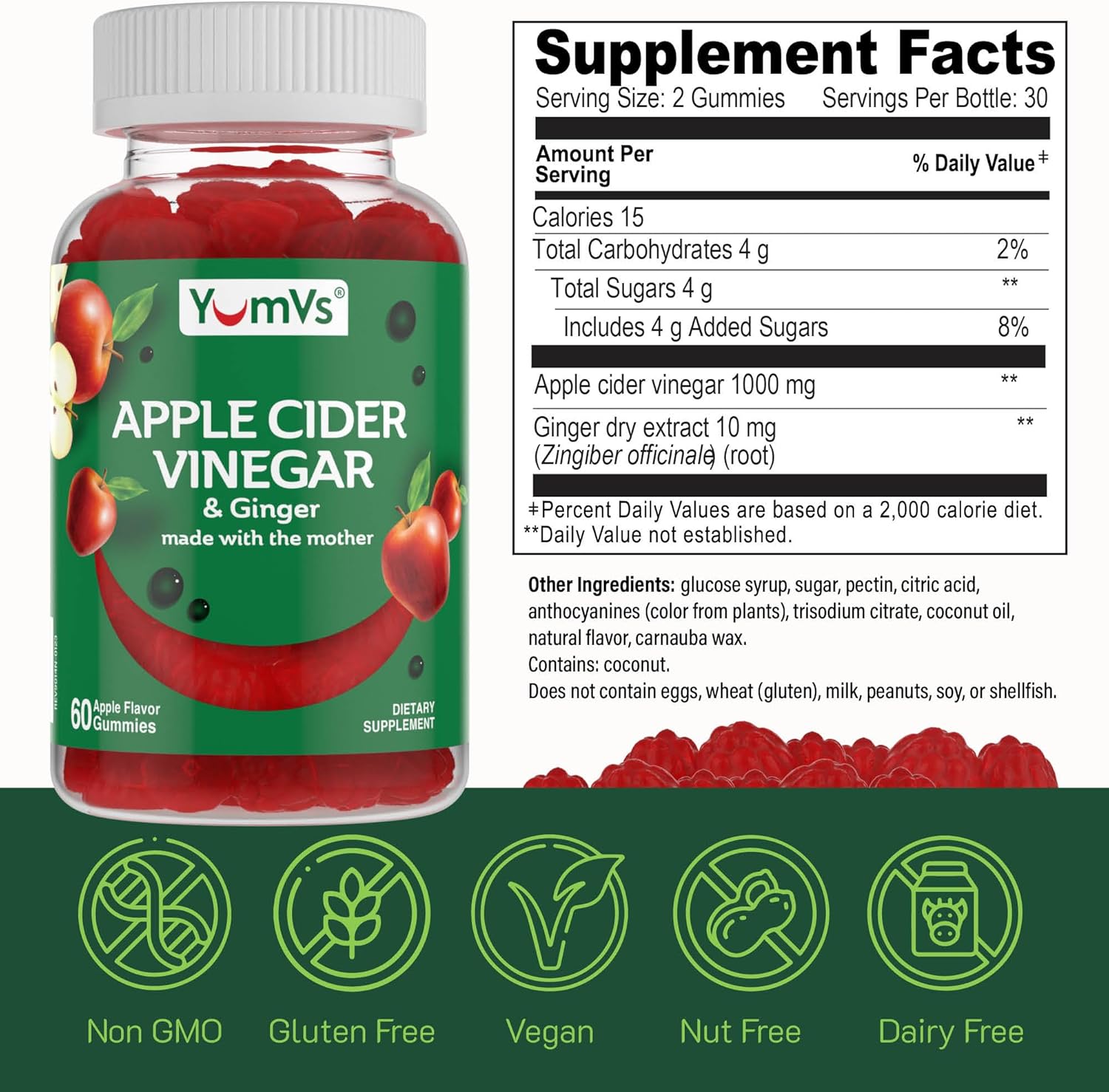 YUM-V'S Apple Cider Vinegar Gummies – ACV Gummies with Ginger & The Mother – Supports Metabolism, Vitality & Daily Wellness – Natural Apple Flavor Vegan, Non-GMO, Gluten-Free, Cider Gummy – 60 Count - Image 4