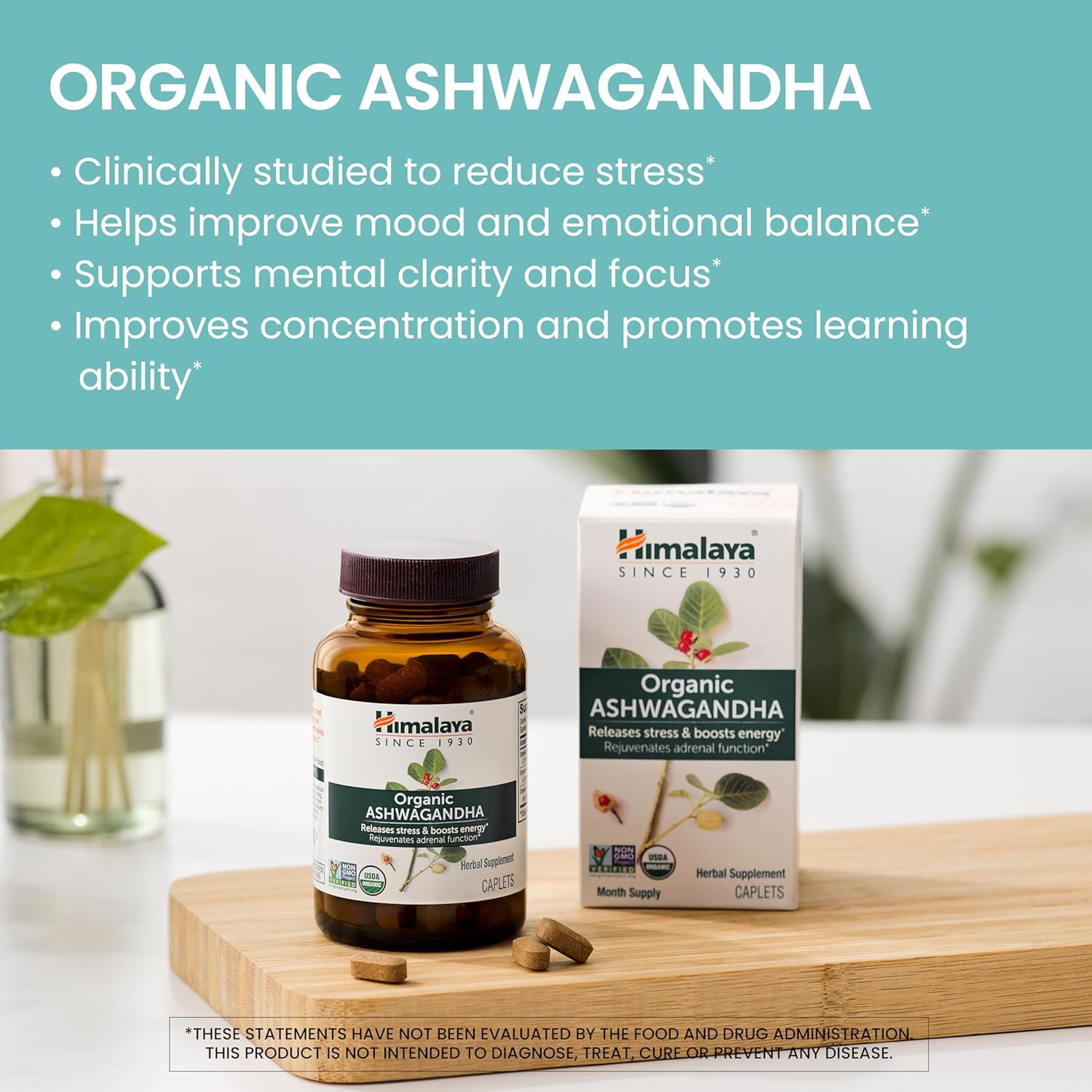 Himalaya Organic Ashwagandha Root, 30 Day Supply - Herbal Adrenal Support Supplements for Stress Relief and Energy Support - USDA Organic, Non-GMO, Vegan, Gluten Free, No Additives, 670 mg, 30 Caplets - Image 2