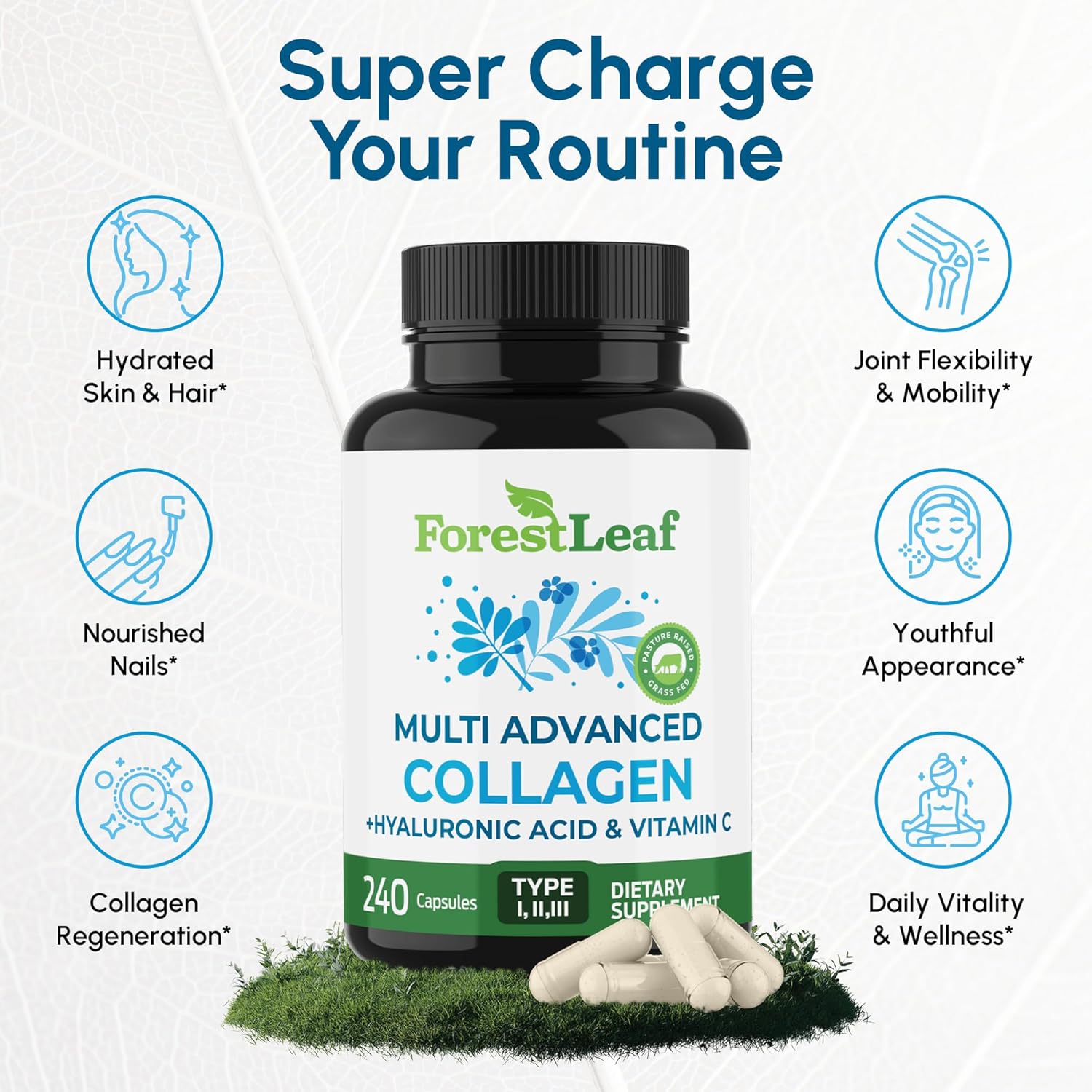 ForestLeaf Multi Collagen Pills - Collagen Men & Collagen Women - Hydrolyzed Collagen Supplements with Vitamin C & Hyaluronic Acid - Collagen Capsules for Hair, Skin & Nails (240 Peptide Capsules) - Image 3