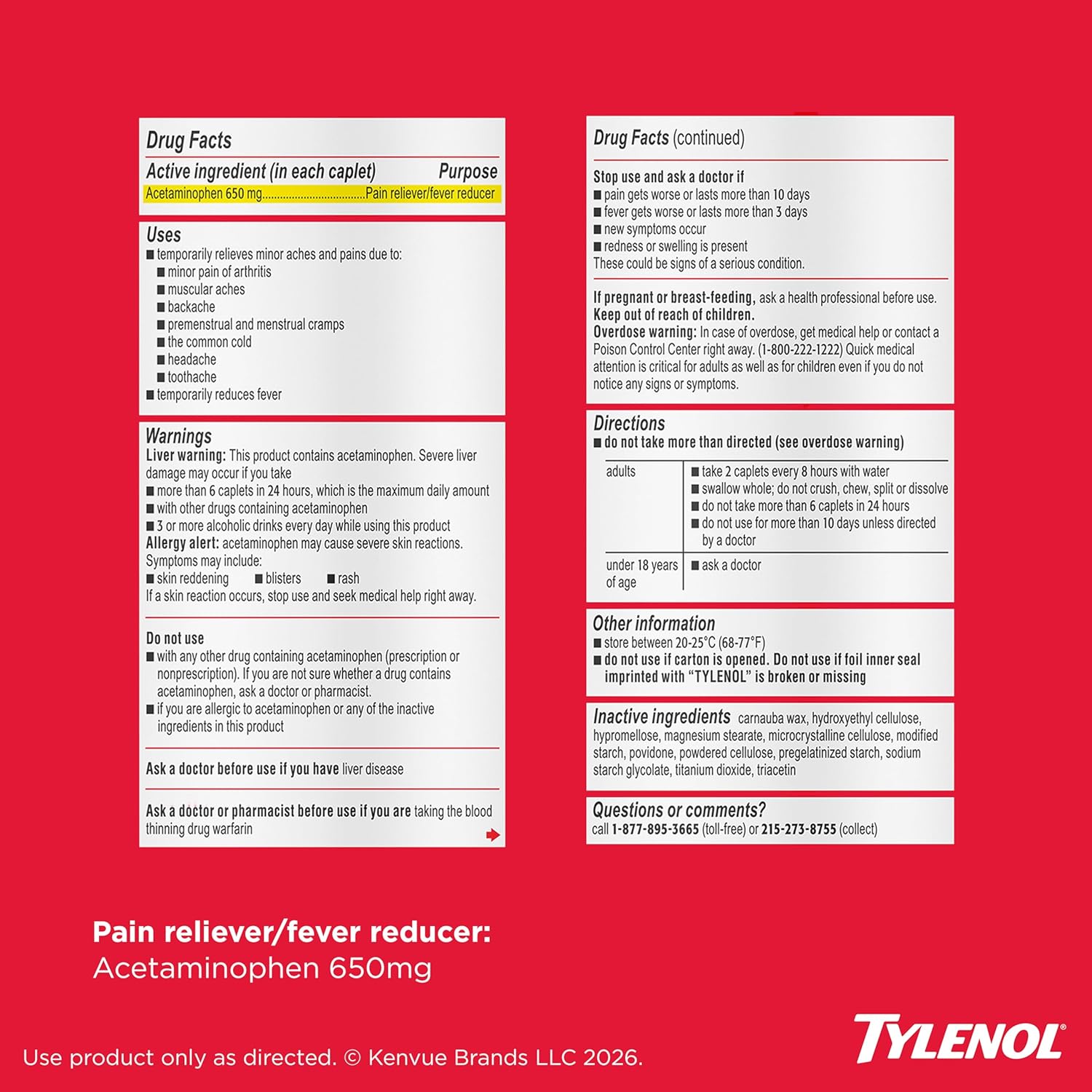 Tylenol 8HR Arthritis Pain Relief Caplets, Fast, Strong Pain Relief, 650 mg Acetaminophen for Minor Arthritis & Joint Pain, Fever Reducer, Extended Release, Won't Irritate Stomach, 100 Count - Image 8