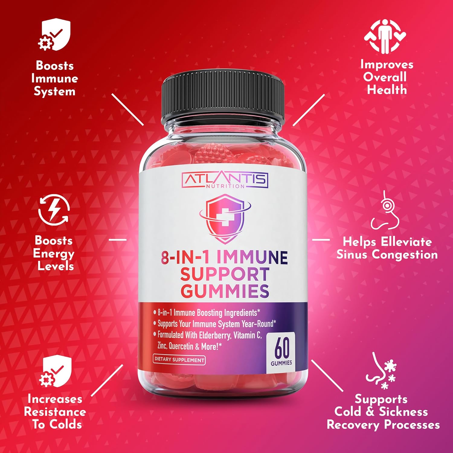 Atlantis Nutrition 8-in-1 Immune Support Gummies with Elderberry | Immune Supplement with Elderberry, Quercetin, Zinc, Vitamin C - Immunity Boosters for Adults & Kids - Delicious Flavor - 60 Count - Image 4