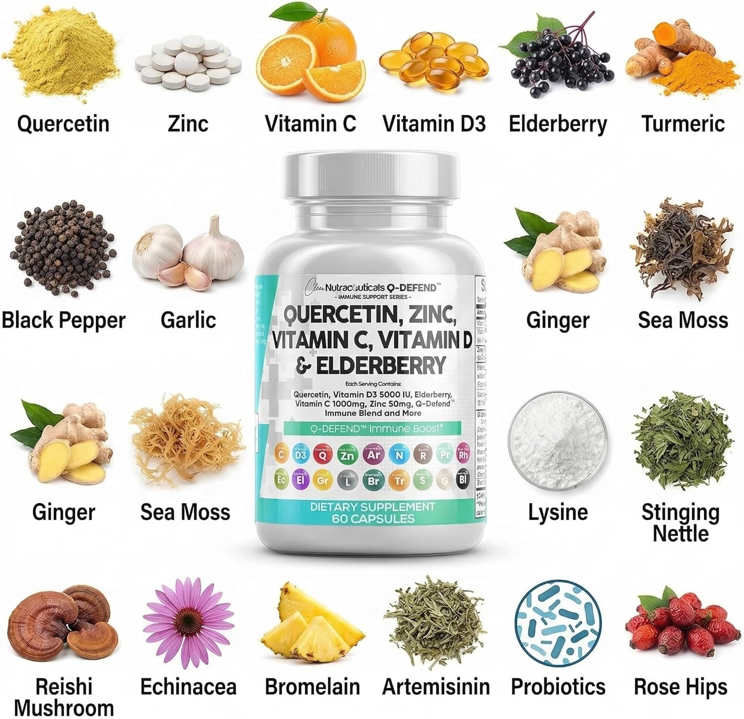Q Defend Quercetin Supplement with Zinc Vitamin C Vitamin D Elderberry Turmeric Black Pepper Garlic Ginger Sea Moss Lysine Stinging Nettle Reishi Mushroom Immune Support 60 Capsules by Clean Nutra - Image 4