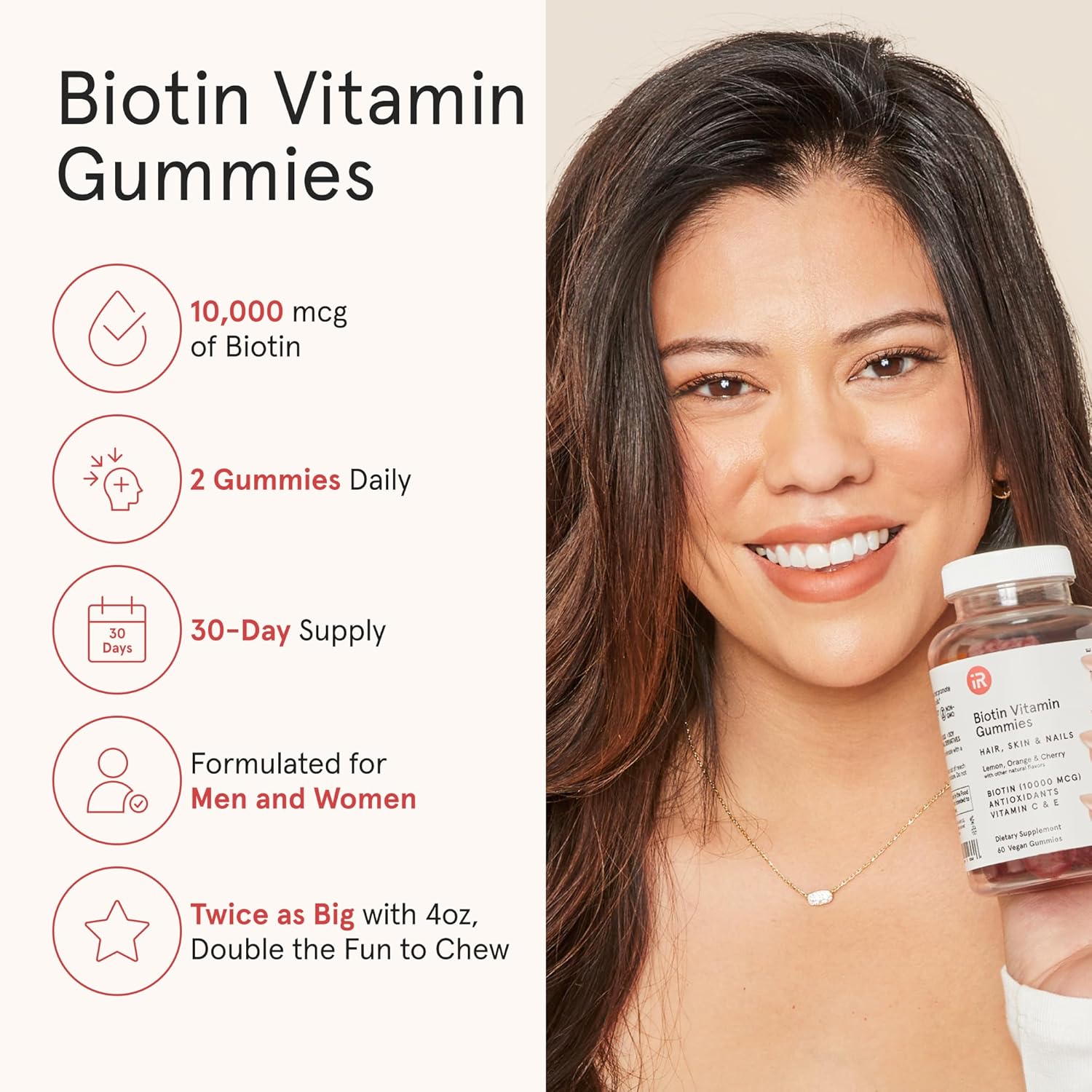 iRestore Biotin Gummies 10,000 mcg - 3 Natural Fruit Flavors, Hair Vitamins Multi Supplement for Hair Skin and Nails for Women & Men, 60 Vegan Gummies, 30 Day Supply - Image 3