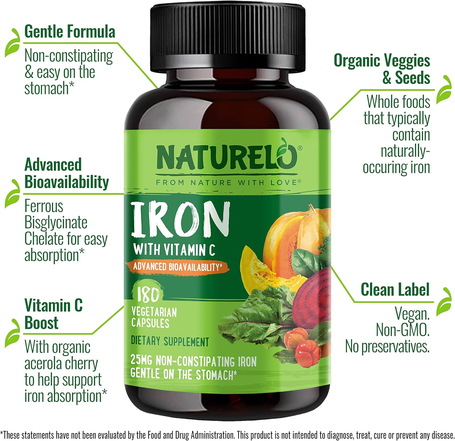 NATURELO Vegan Iron Supplement with Vitamin C and Organic Whole Foods - Gentle Iron Pills for Women & Men with Iron Deficiency Including Pregnancy, Anemia and Vegan Diets - 180 Mini Capsules - Image 2