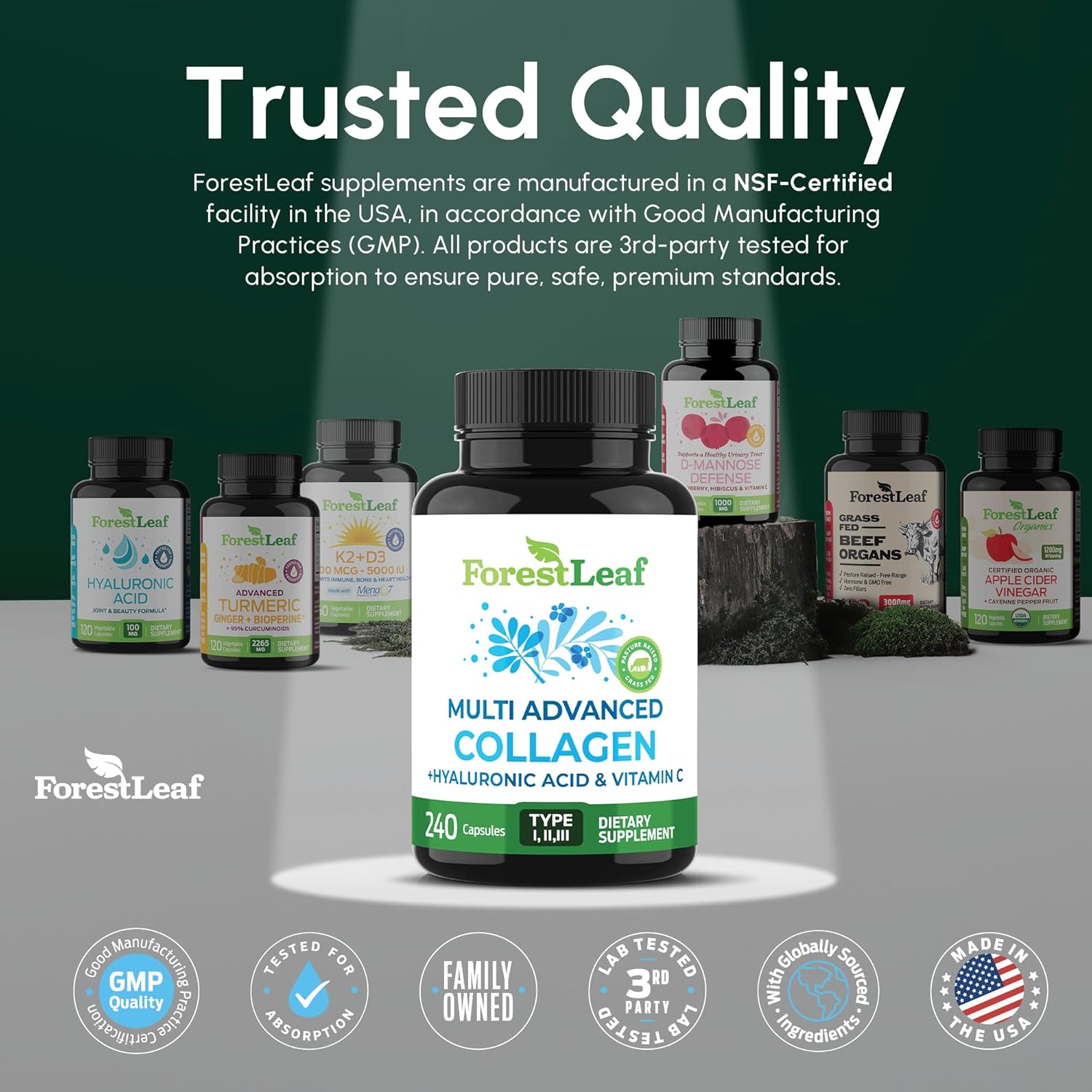 ForestLeaf Multi Collagen Pills - Collagen Men & Collagen Women - Hydrolyzed Collagen Supplements with Vitamin C & Hyaluronic Acid - Collagen Capsules for Hair, Skin & Nails (240 Peptide Capsules) - Image 8