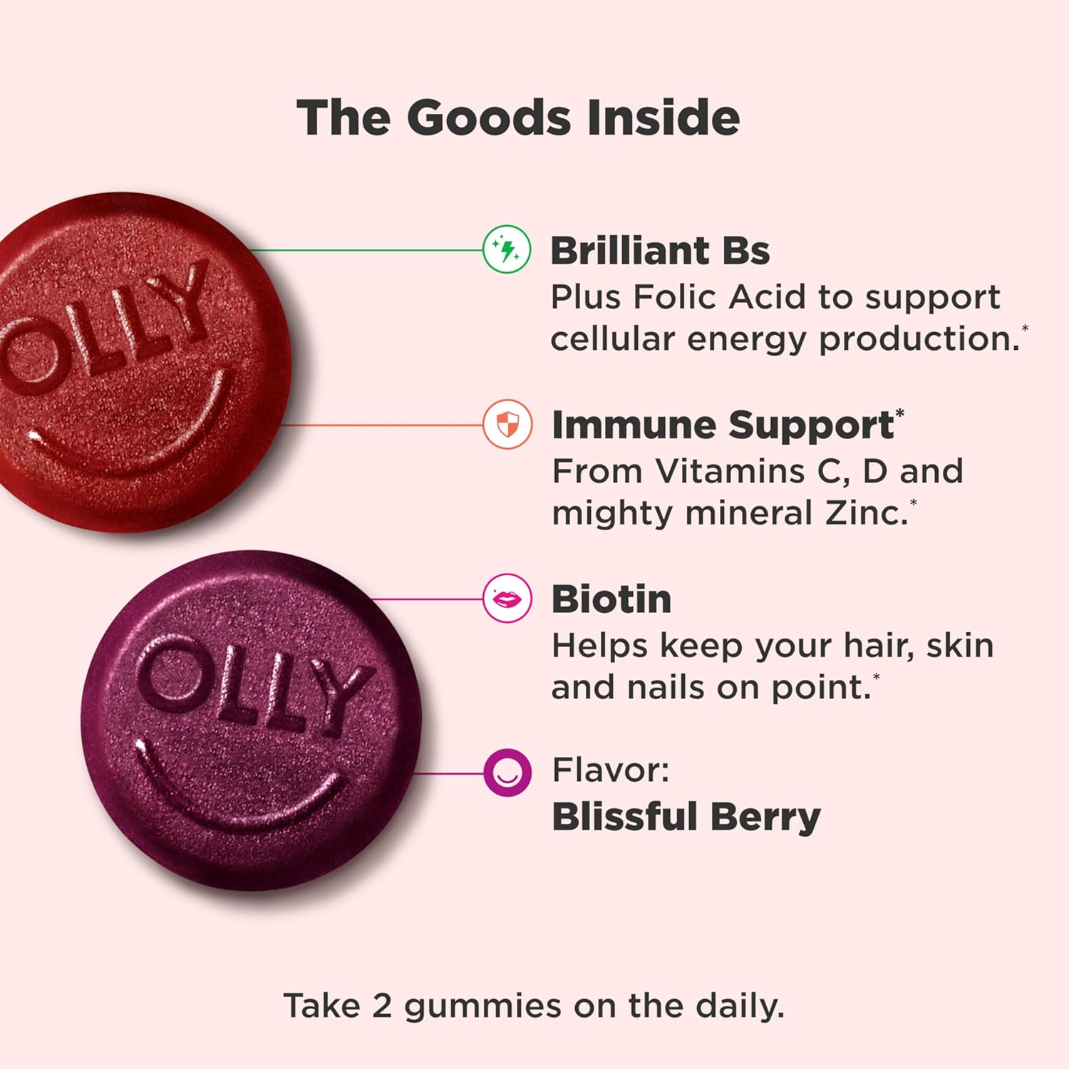 OLLY Women's Multivitamin Gummy, Women's Overall Wellness,* Vitamins A, C, D, E, Biotin, Folic Acid, Adult Chewable Supplement, Berry Flavored, 65 Day Supply - 130 Count - Image 3