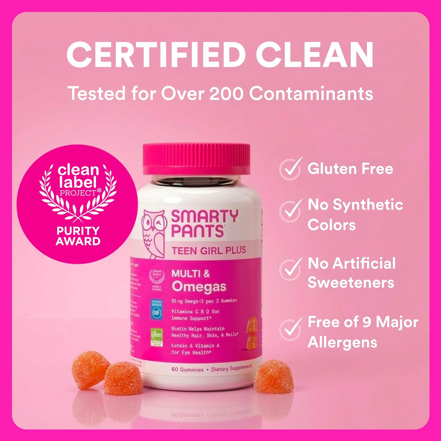SmartyPants Teen Girl Multivitamin Gummies, Omega 3 (DHA/EPA), Vitamin C, D3, B12, Vitamin A, K & Zinc, Biotin to Support Hair, Skin & Nails, Gluten Free, 60 Count (30 Day Supply) - Image 9