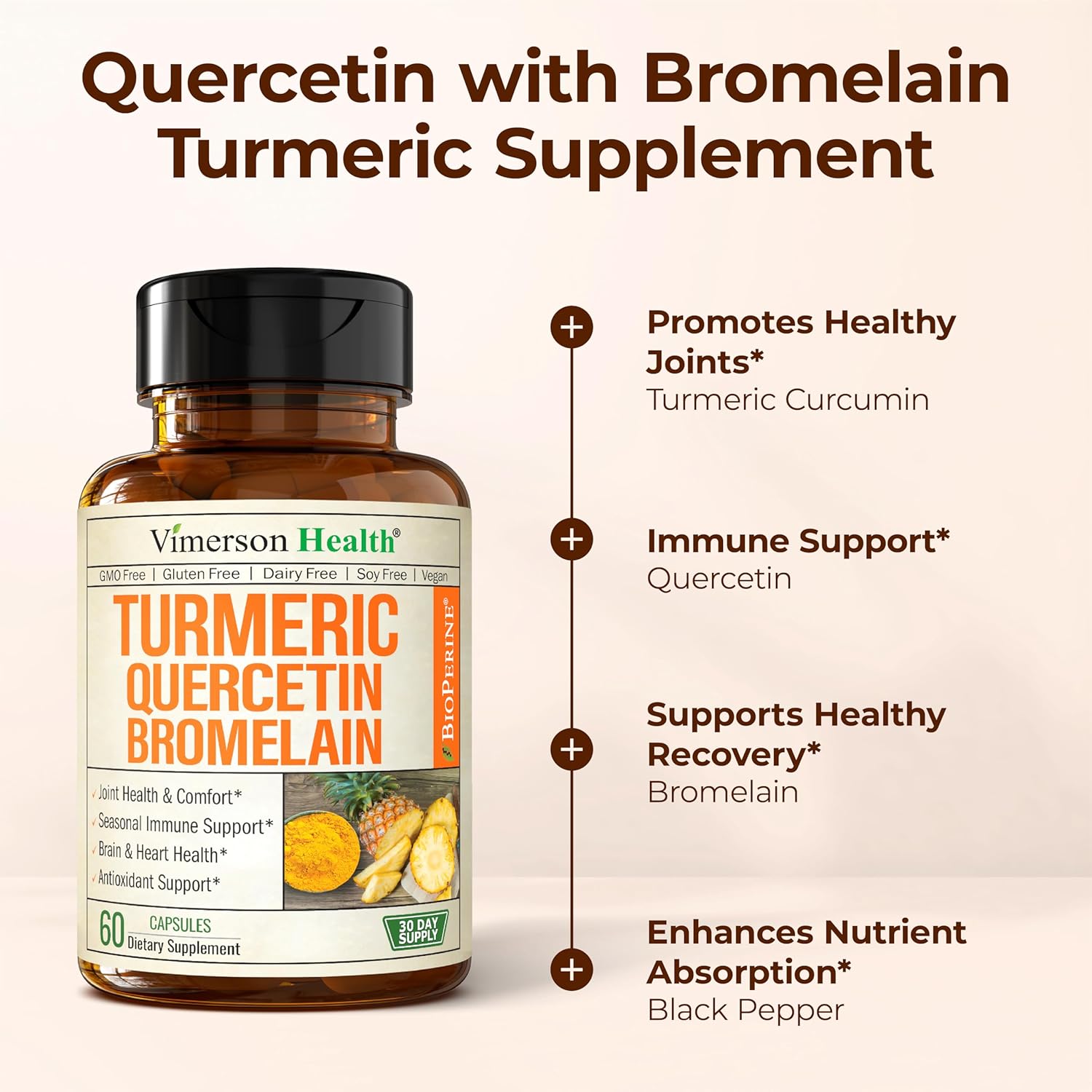 Quercetin with Bromelain Turmeric Curcumin Supplement – Triple Action: Allergy Relief, Inflammation and Joint Support with Organic Tumeric + Bioperine for Max Absorption – 60 Quercetin 500mg Capsules - Image 5