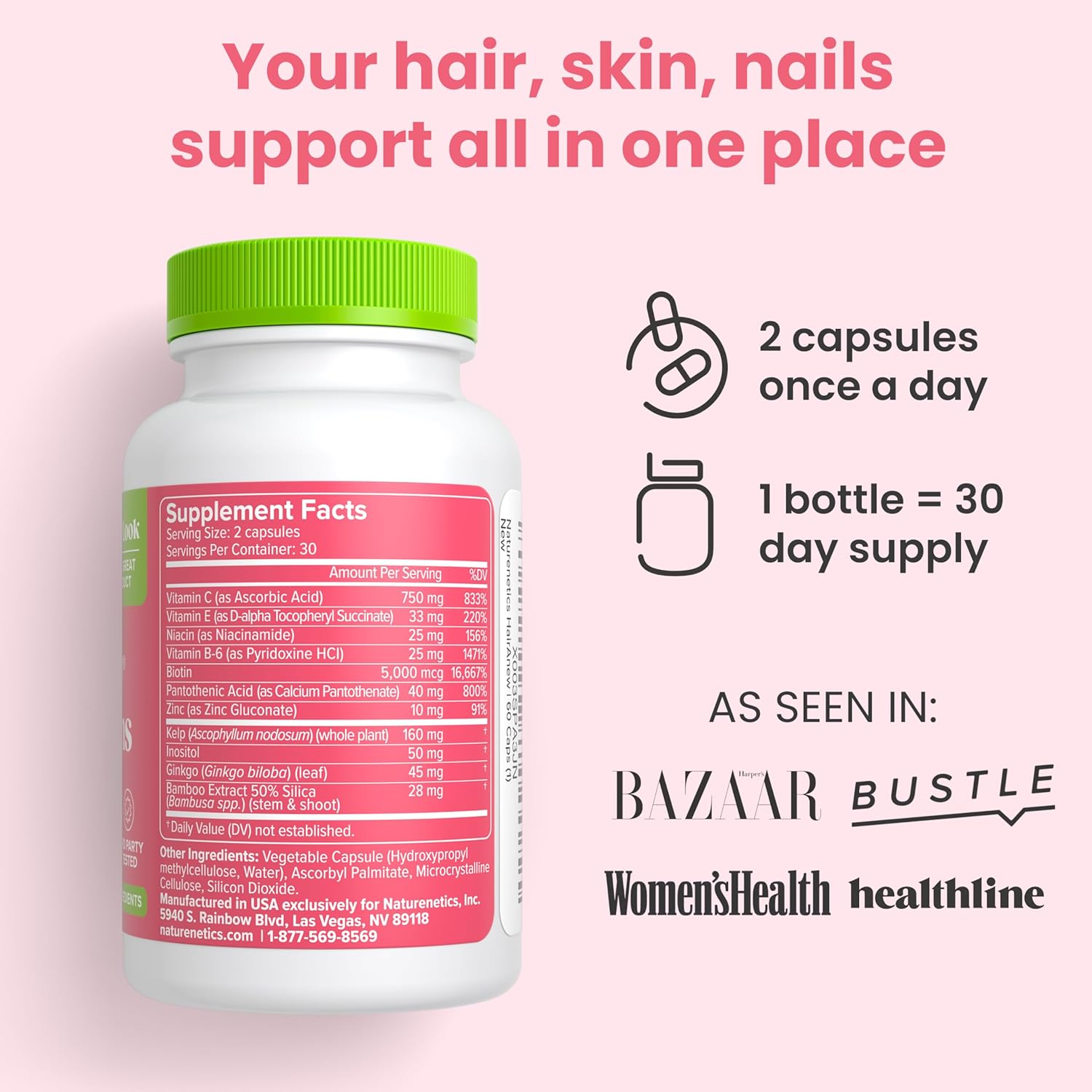 Hair Growth Vitamins for Women & Men for Faster Hair Growth, Vegan, 60 Capsules - 11 Ingredients & 5000mcg Biotin for Thicker Fuller Stronger Locks + Skin & Nail Health - Naturenetics HairAnew - Image 9
