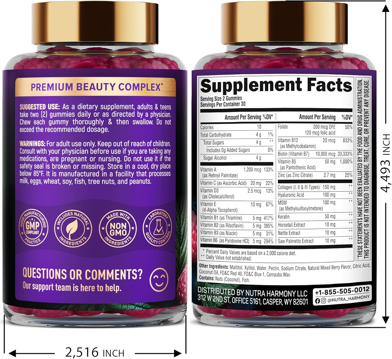 Biotin Gummies with Collagen - Hair Growth Support, Skin, & Nail Strength - for Women & Men - Biotin 10000mcg | Keratin | Hyaluronic Acid | B-Complex | Nettle - Sugar-Free, Mixed Berry, 60 Gummies - Image 2