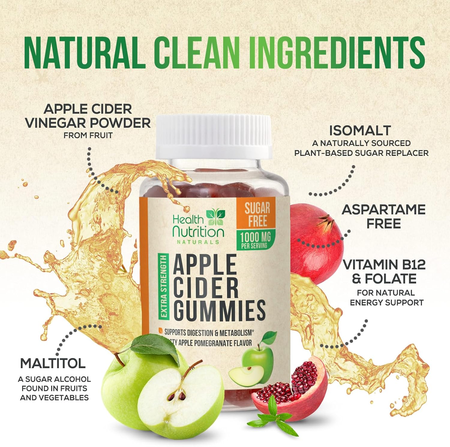 Apple Cider Vinegar Gummies Zero Sugar - Max Strength ACV Gummy Vitamins - Vitamin B12 & The Mother - Metabolism & Energy Support - Vegan Apple Cider Vinegar Gummy Supplement - Non-GMO - 120 Gummies - Image 3
