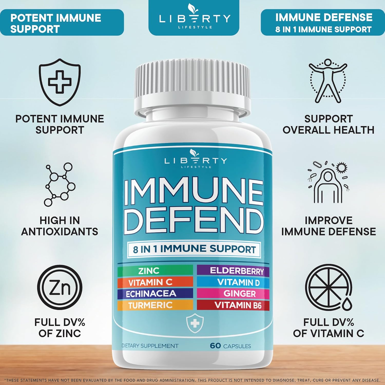 8 in 1 Immune Defense Support, Immunity Vitamins Supplement Booster Zinc 50mg, Vitamin C Elderberry VIT D3 5000 IU, Turmeric Curcumin & Ginger, Echinacea - Allergy Relief for Kids Adults (2 Pack) - Image 2