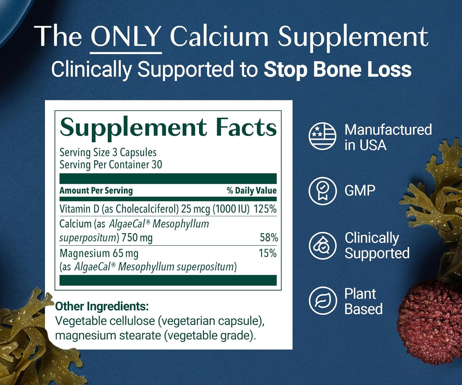 ALGAECAL - Plant Based Calcium Supplement for Women & Men - Organic Calcium 750mg with Vitamin D3 1000 IU, 13 Minerals for Bone Strength, Bone Health Support, 90 Veggie Caps (1 Pack) - Image 6