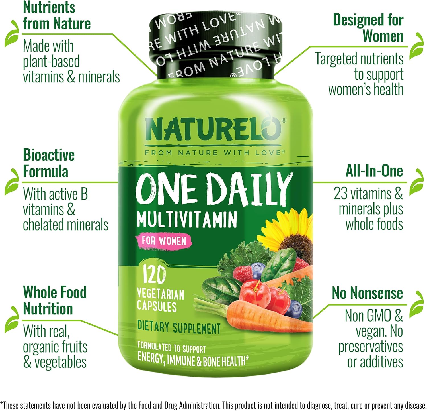 NATURELO One Daily Multivitamin for Women w/Vitamin B12, 120 Ct, Energy Support, Whole Food Daily Women Multivitamin Supplement, Nourish Hair/Skin/Nail, Non-GMO, No Soy, Gluten Free, 4 Month Supply - Image 2