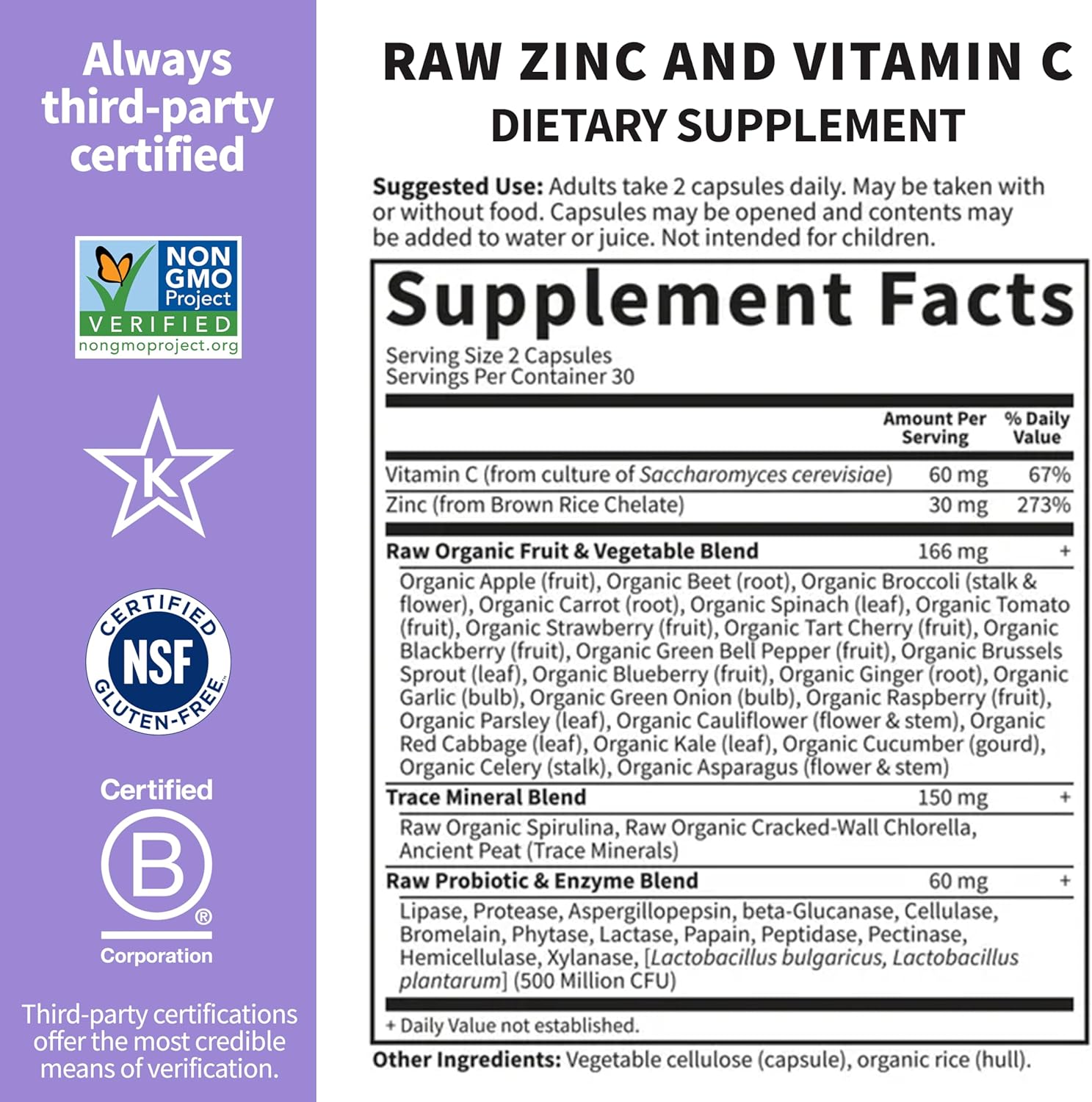 Garden of Life Zinc Supplements 30mg High Potency Raw Zinc and Vitamin C Multimineral Supplement, Vitamin Code Vitamins Trace Minerals & Probiotics for Skin Health & Immune Support, 60 Vegan Capsules - Image 5