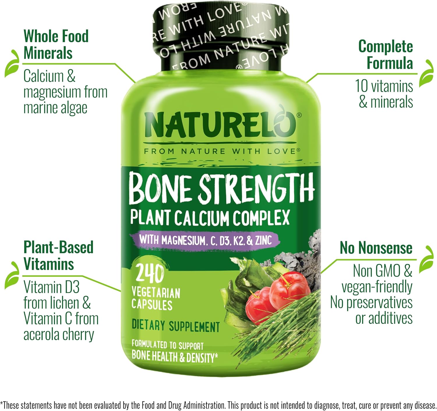 NATURELO Calcium Supplement - with Vitamin C, Vitamin D3, K2, and Calcium Magnesium Zinc for Bone Strength with Calcium 600mg - Plant-Based, 240 Vegetarian Capsules, Non-GMO, Soy & Gluten-Free - Image 4