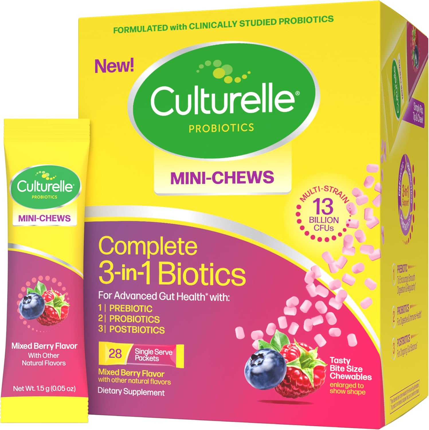 Culturelle® Complete 3-in-1 Biotics Mini-Chews Daily Probiotic for Digestive Health with Prebiotics and Postbiotics for Gut Balance, Mixed Berry Flavor, 28 Count