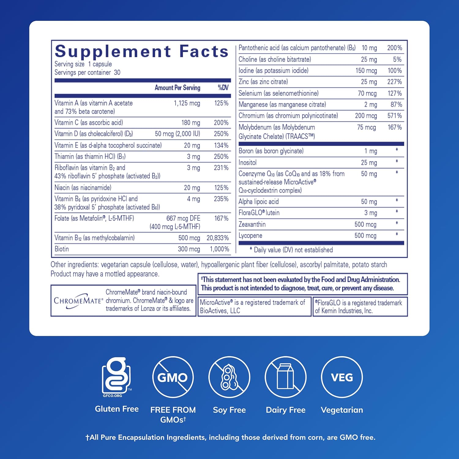 Pure Encapsulations O.N.E. Multivitamin - Once Daily Multivitamin with Antioxidant Complex Metafolin, CoQ10, and Lutein to Support Vision, Cognitive Function, and Cellular Health* - 30 Capsules - Image 2